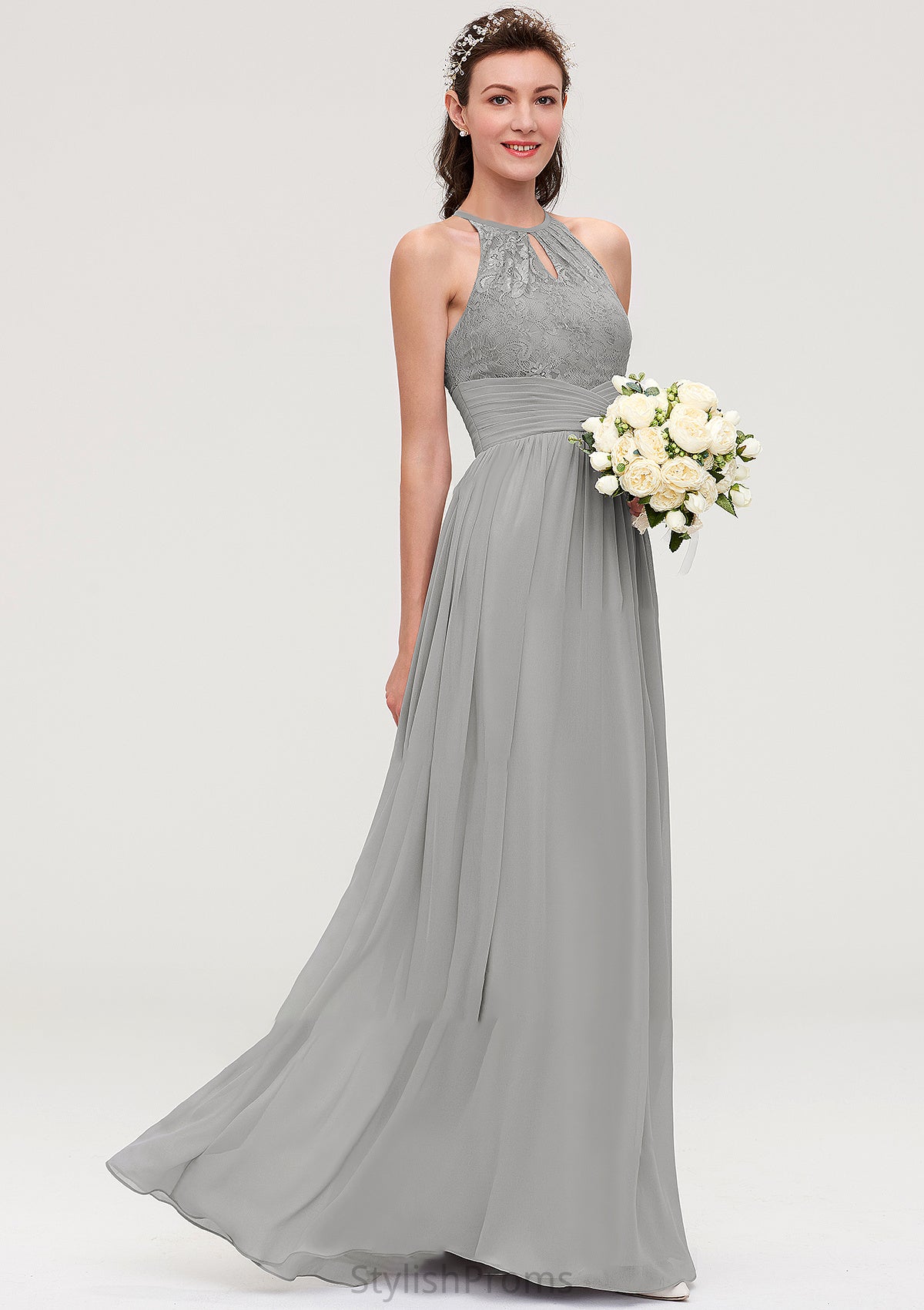 Sleeveless Scoop Neck Chiffon A-line/Princess Long/Floor-Length Bridesmaid Dresseses With Pleated Lace Maribel HQP0025460