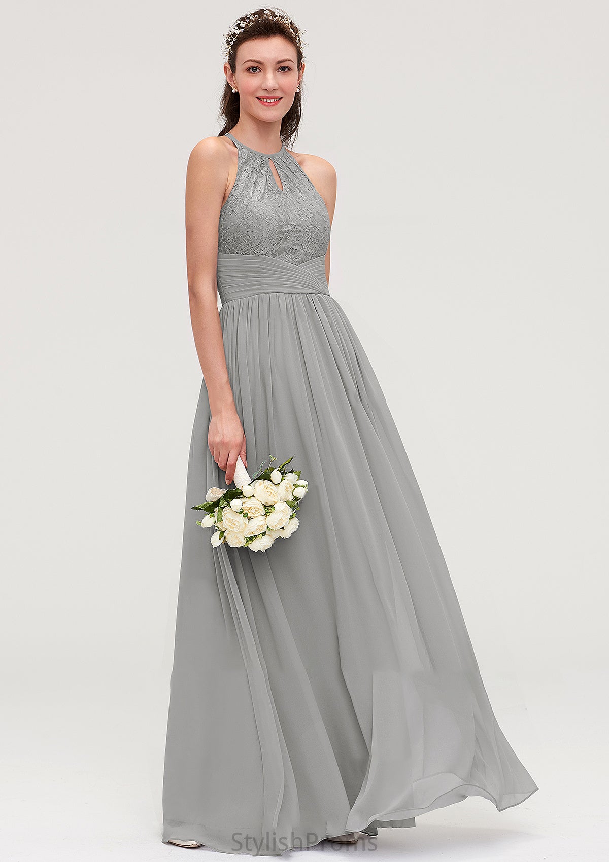 Sleeveless Scoop Neck Chiffon A-line/Princess Long/Floor-Length Bridesmaid Dresseses With Pleated Lace Maribel HQP0025460