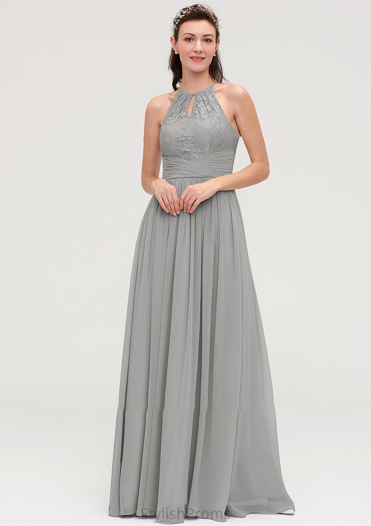 Sleeveless Scoop Neck Chiffon A-line/Princess Long/Floor-Length Bridesmaid Dresseses With Pleated Lace Maribel HQP0025460