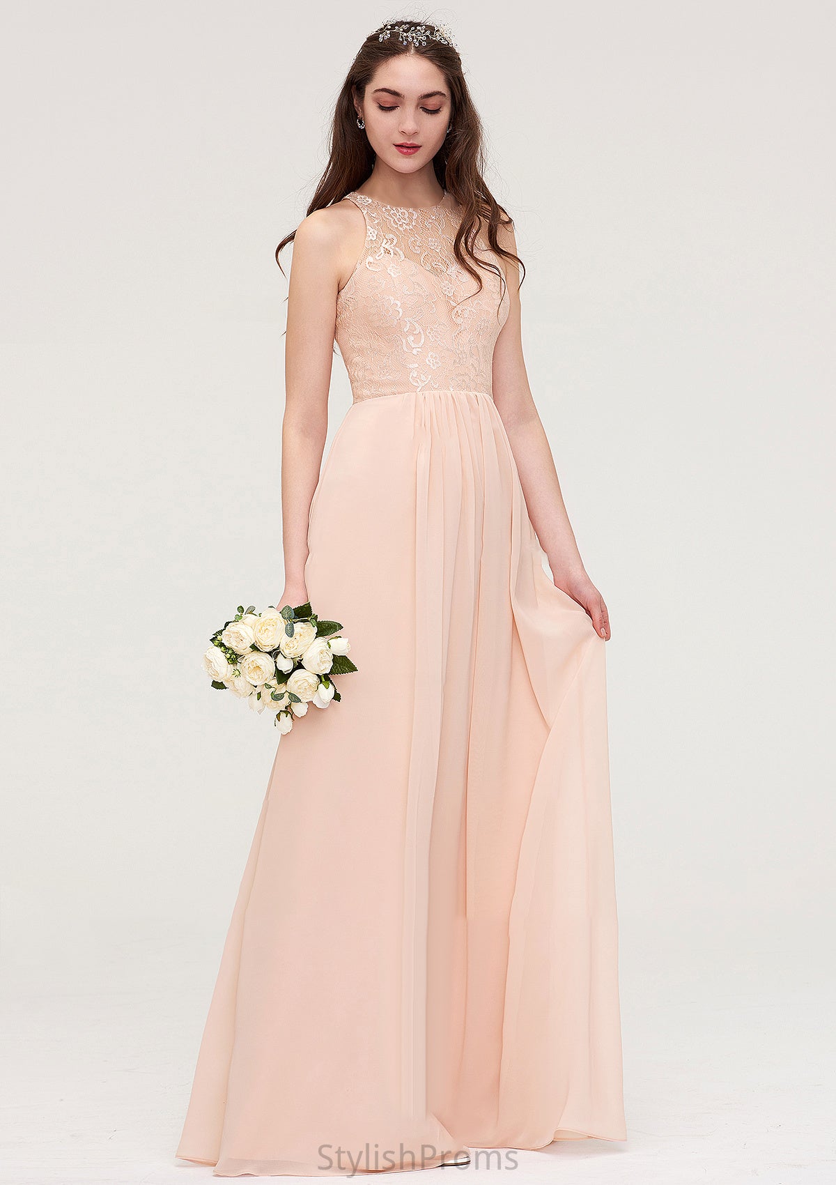 Bateau Sleeveless Long/Floor-Length Chiffon A-line/Princess Bridesmaid Dresses With Lace Pleated Anabella HQP0025464