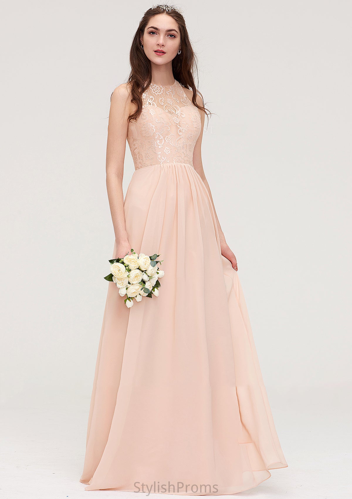 Bateau Sleeveless Long/Floor-Length Chiffon A-line/Princess Bridesmaid Dresses With Lace Pleated Anabella HQP0025464