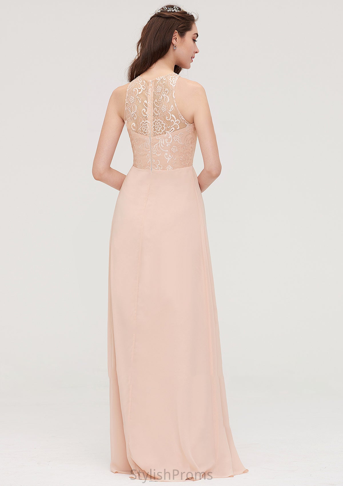 Bateau Sleeveless Long/Floor-Length Chiffon A-line/Princess Bridesmaid Dresses With Lace Pleated Anabella HQP0025464