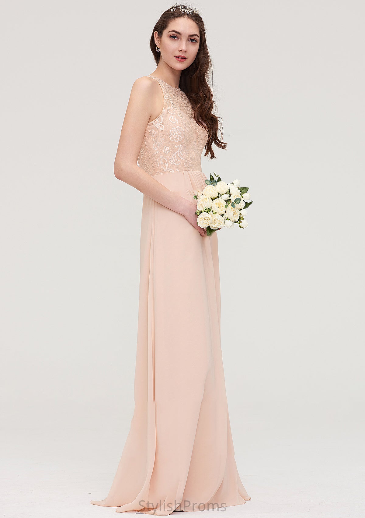 Bateau Sleeveless Long/Floor-Length Chiffon A-line/Princess Bridesmaid Dresses With Lace Pleated Anabella HQP0025464