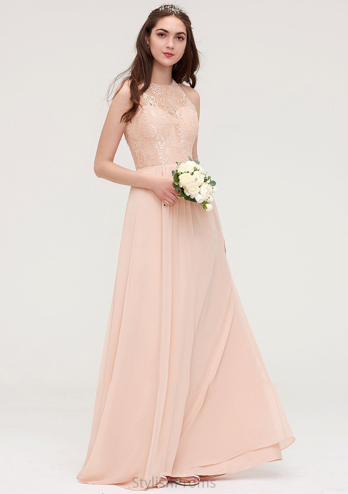 Bateau Sleeveless Long/Floor-Length Chiffon A-line/Princess Bridesmaid Dresses With Lace Pleated Anabella HQP0025464