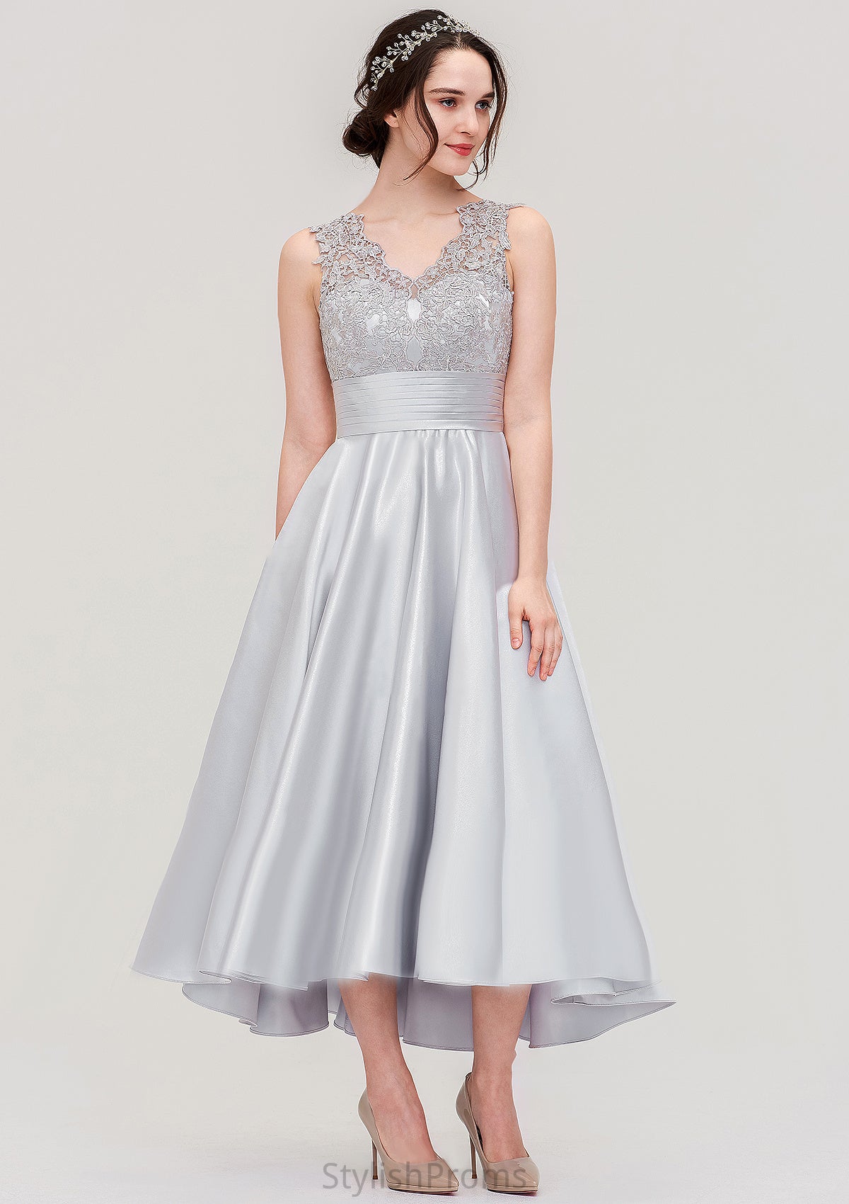 Sleeveless V Neck Asymmetrical Satin A-line/Princess Bridesmaid Dresses With Pleated Lace June HQP0025468