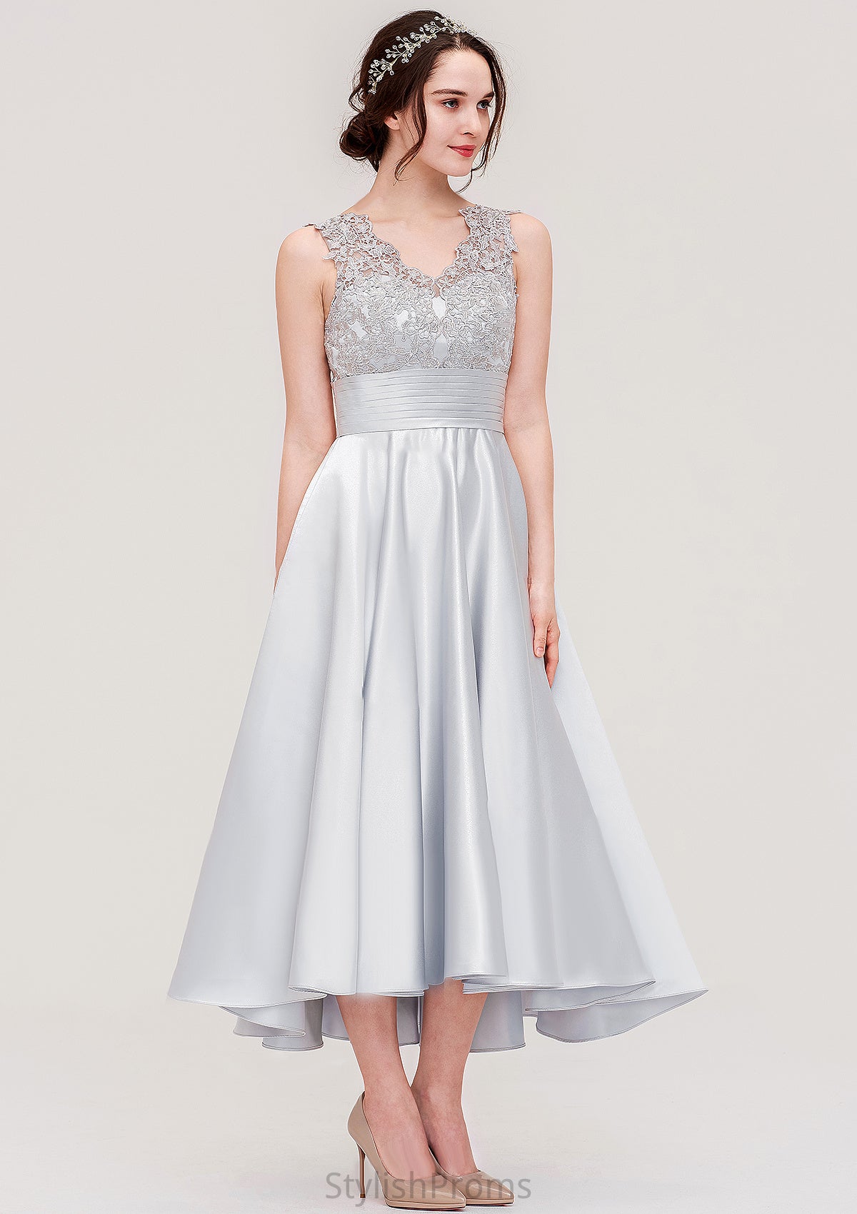 Sleeveless V Neck Asymmetrical Satin A-line/Princess Bridesmaid Dresses With Pleated Lace June HQP0025468