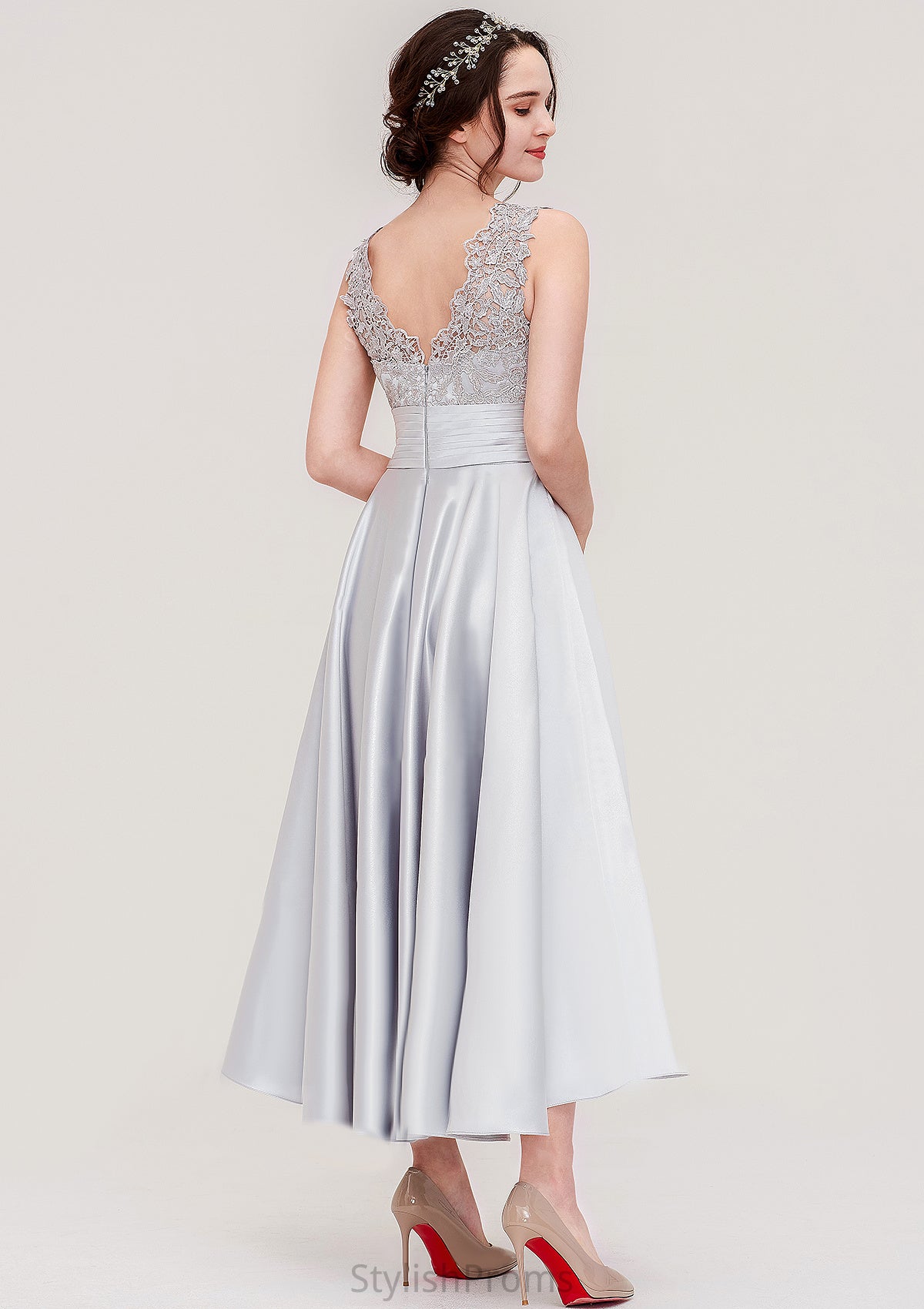 Sleeveless V Neck Asymmetrical Satin A-line/Princess Bridesmaid Dresses With Pleated Lace June HQP0025468