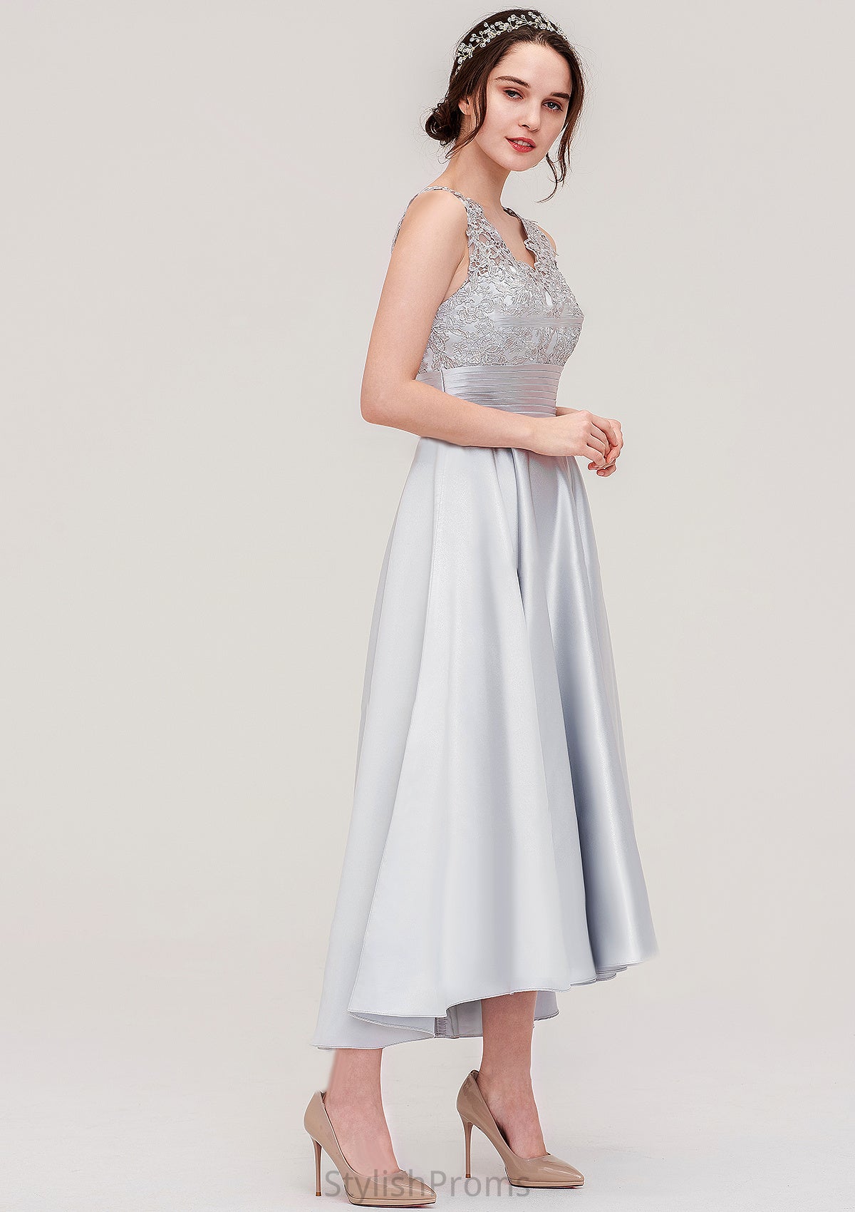 Sleeveless V Neck Asymmetrical Satin A-line/Princess Bridesmaid Dresses With Pleated Lace June HQP0025468