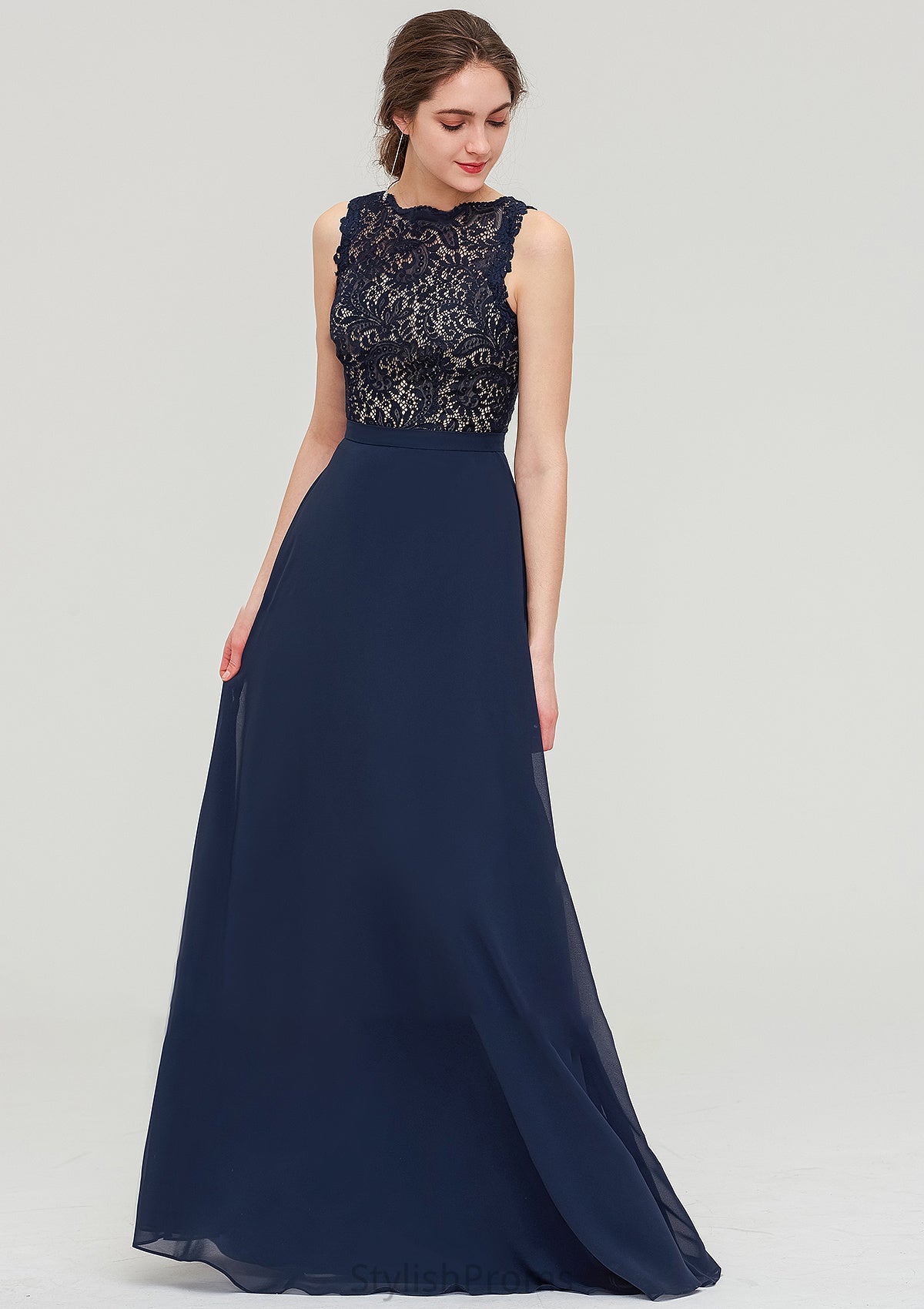 Sleeveless Bateau Long/Floor-Length  Chiffon A-line/Princess Bridesmaid Dresses With Sashes Lace Cristal HQP0025471