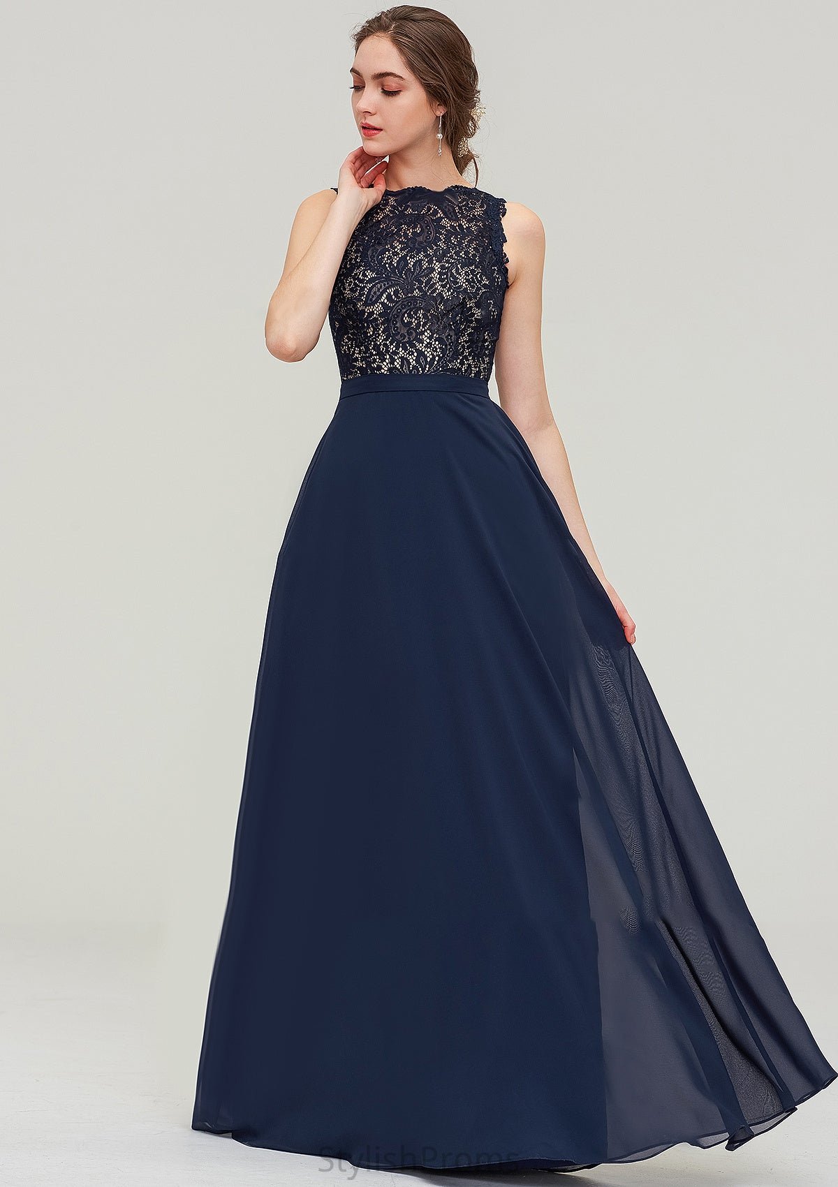 Sleeveless Bateau Long/Floor-Length  Chiffon A-line/Princess Bridesmaid Dresses With Sashes Lace Cristal HQP0025471