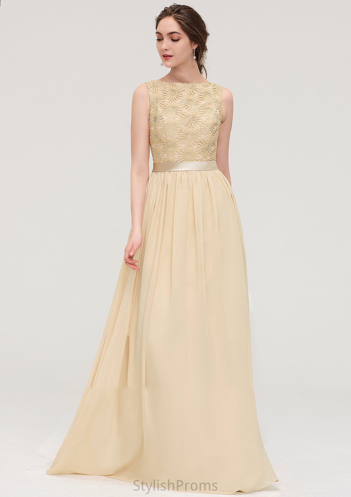 Bateau Sleeveless A-line/Princess Chiffon Long/Floor-Length Bridesmaid Dresses With Sashes Lace Callie HQP0025472