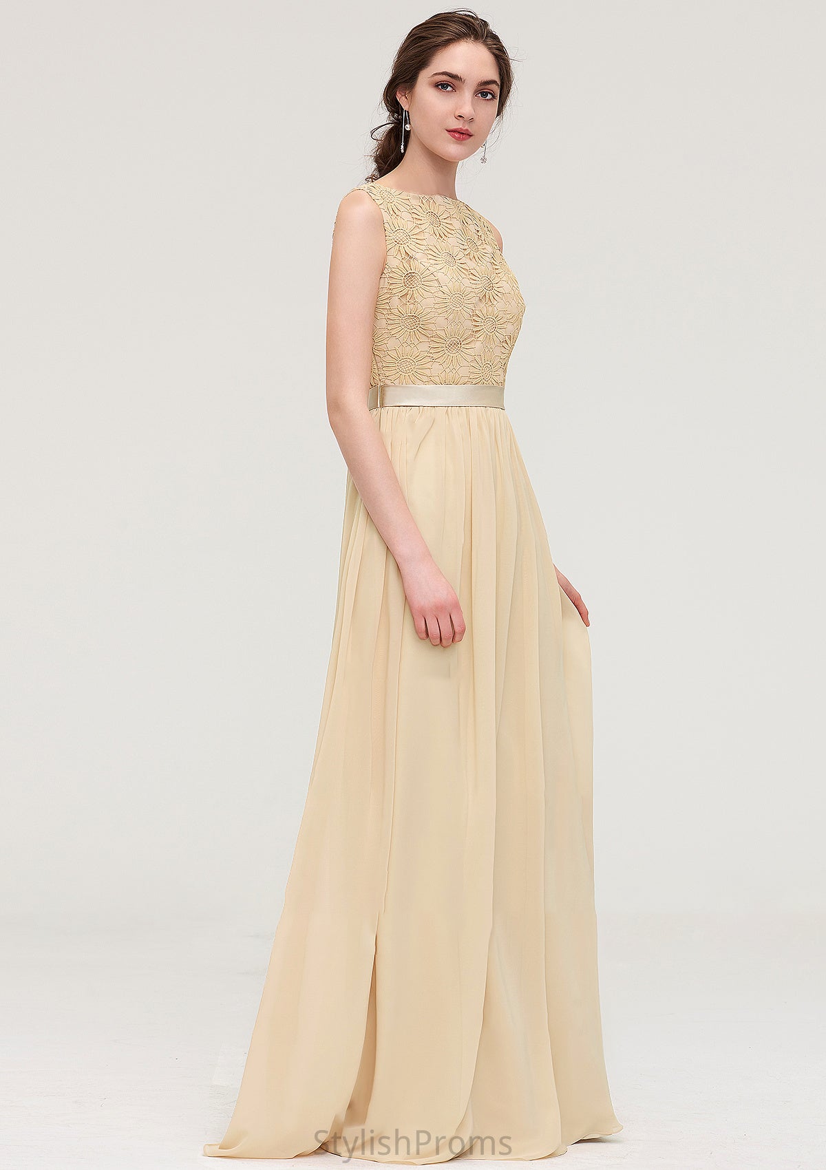 Bateau Sleeveless A-line/Princess Chiffon Long/Floor-Length Bridesmaid Dresses With Sashes Lace Callie HQP0025472