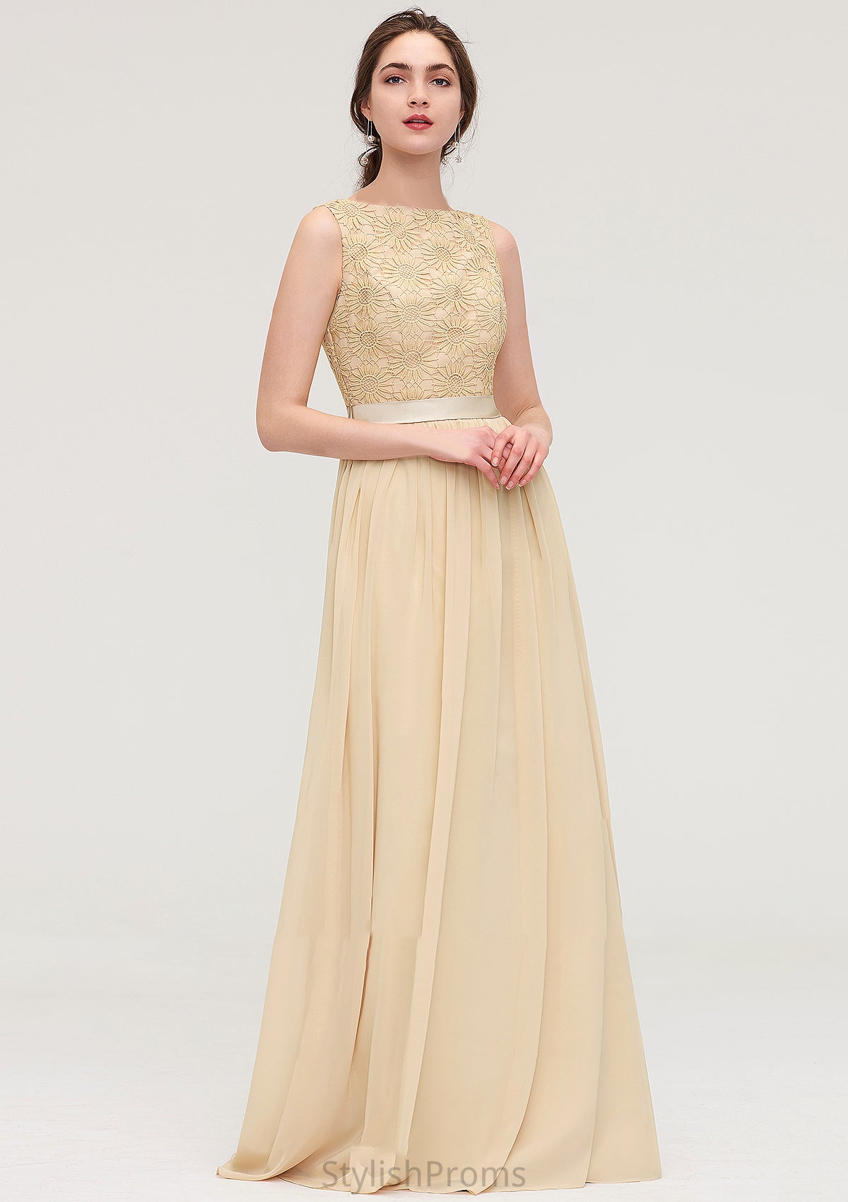 Bateau Sleeveless A-line/Princess Chiffon Long/Floor-Length Bridesmaid Dresses With Sashes Lace Callie HQP0025472