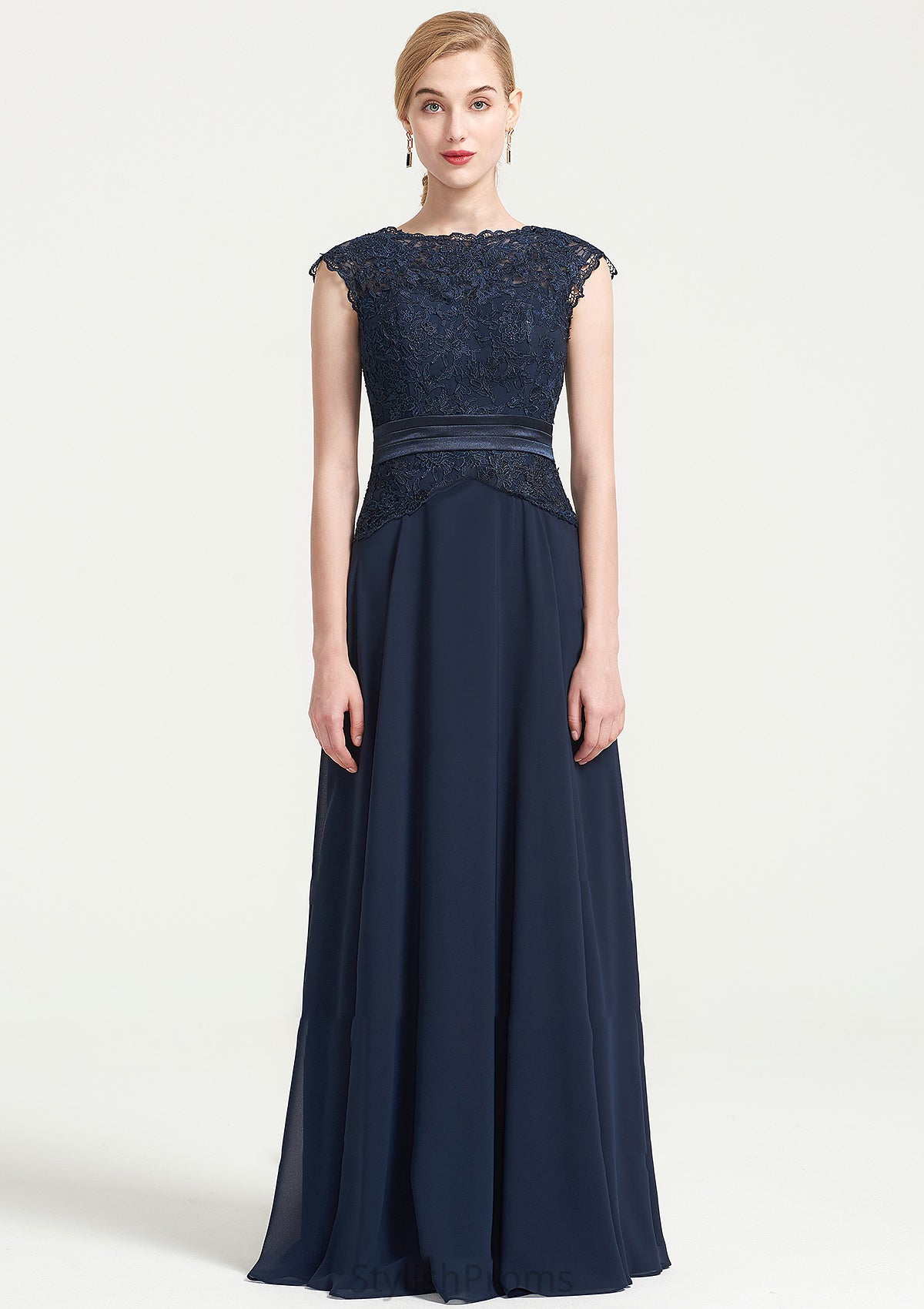 Bateau Sleeveless A-line/Princess Chiffon Long/Floor-Length Bridesmaid Dresses With Sashes Lace Pleated Micaela HQP0025480