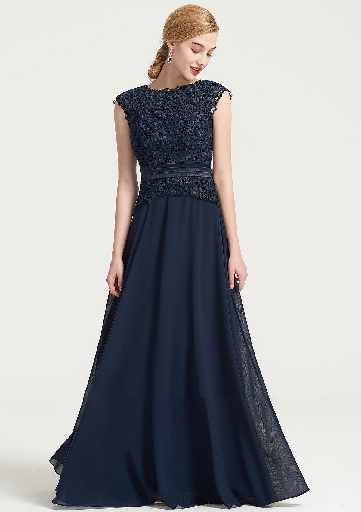 Bateau Sleeveless A-line/Princess Chiffon Long/Floor-Length Bridesmaid Dresses With Sashes Lace Pleated Micaela HQP0025480