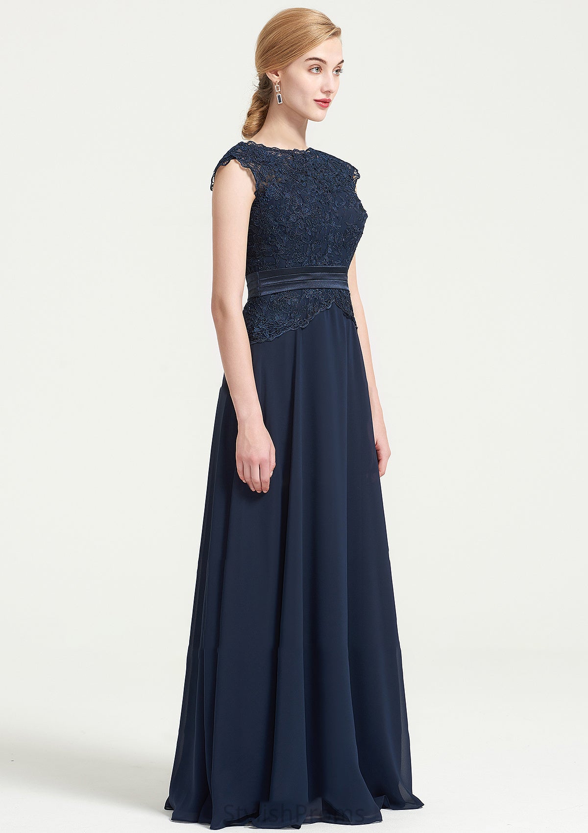 Bateau Sleeveless A-line/Princess Chiffon Long/Floor-Length Bridesmaid Dresses With Sashes Lace Pleated Micaela HQP0025480