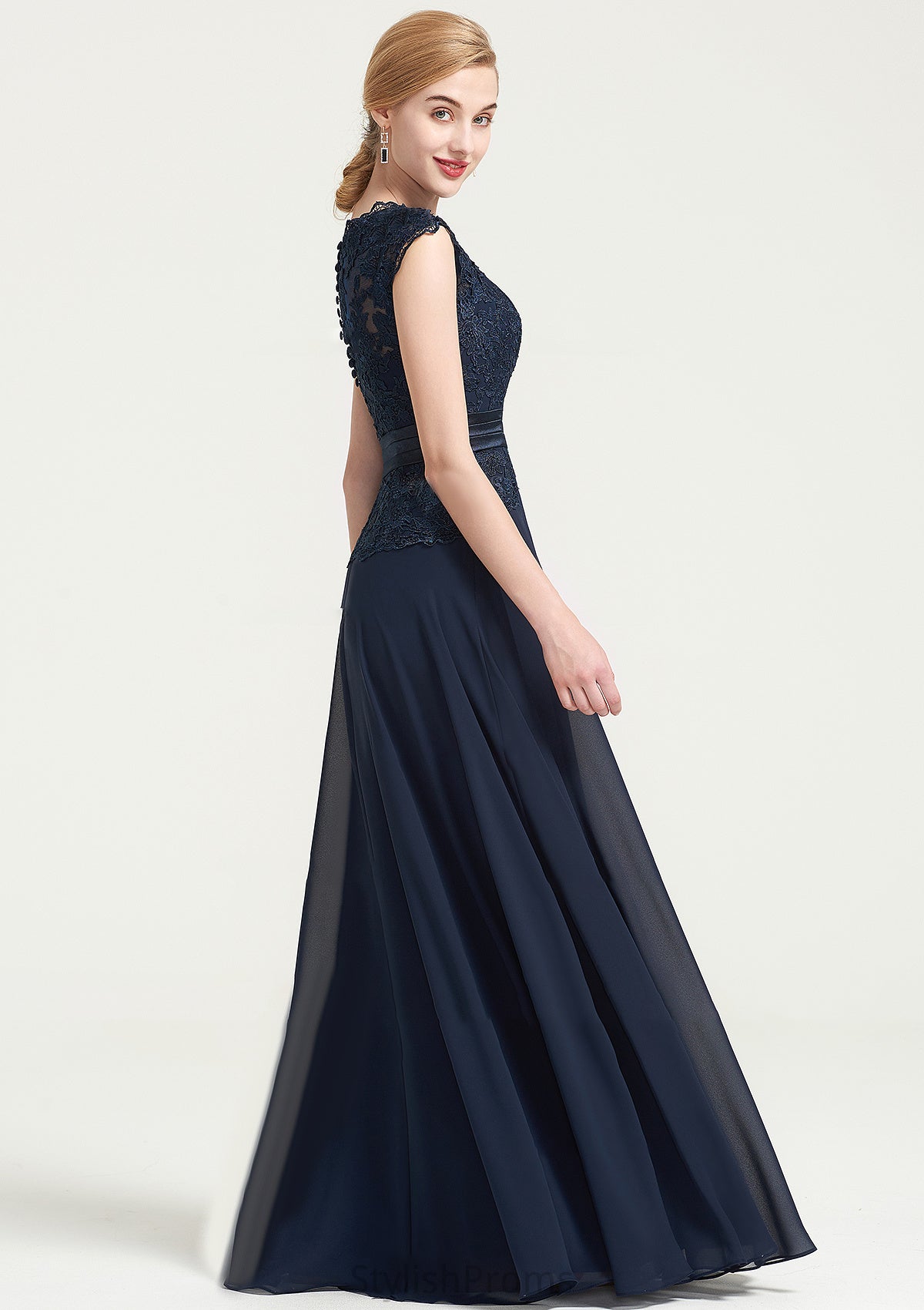 Bateau Sleeveless A-line/Princess Chiffon Long/Floor-Length Bridesmaid Dresses With Sashes Lace Pleated Micaela HQP0025480