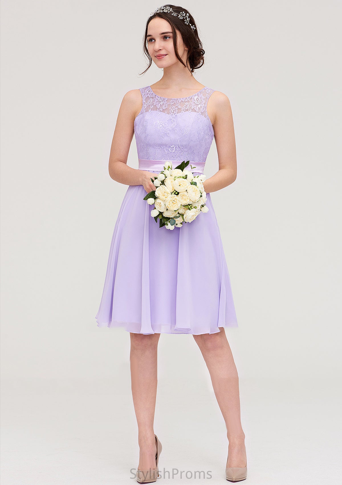 Sleeveless Knee-Length Chiffon A-line/Princess Bridesmaid Dresses With Sashes Lace Laci HQP0025481