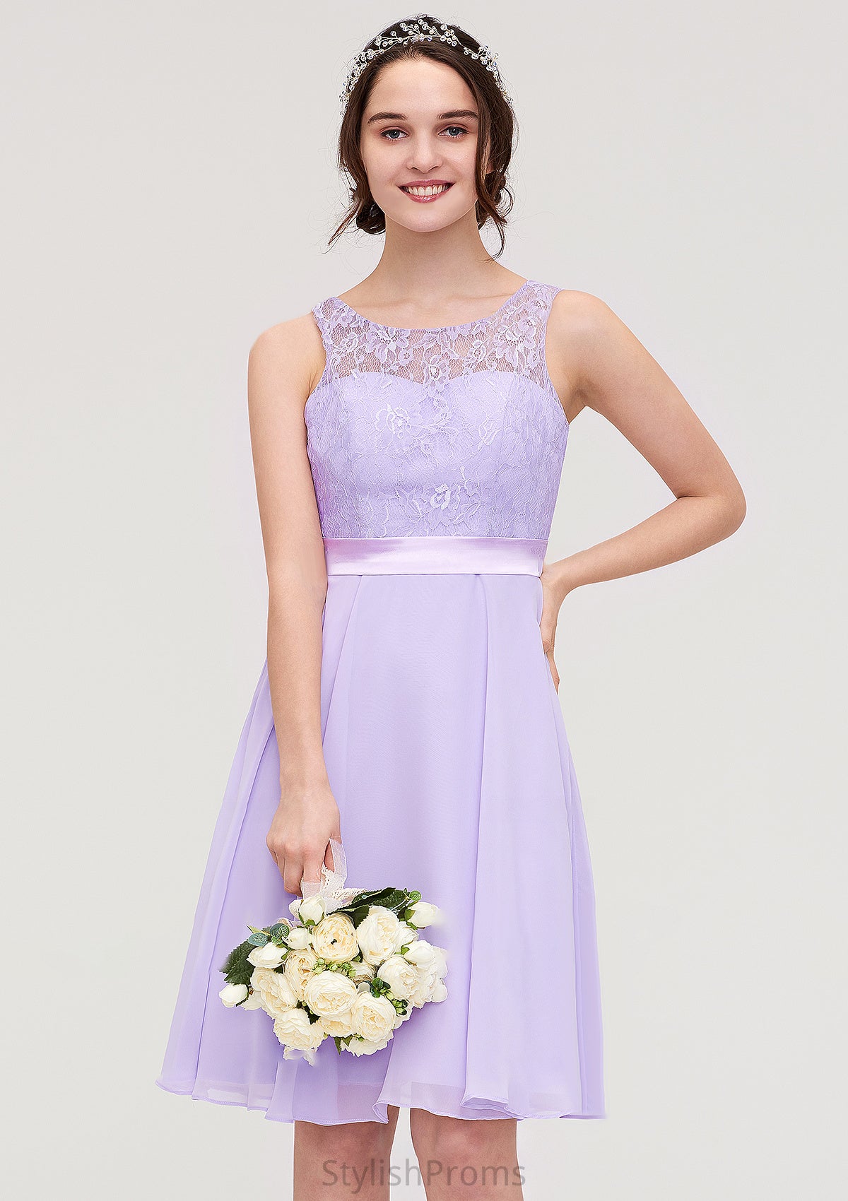 Sleeveless Knee-Length Chiffon A-line/Princess Bridesmaid Dresses With Sashes Lace Laci HQP0025481