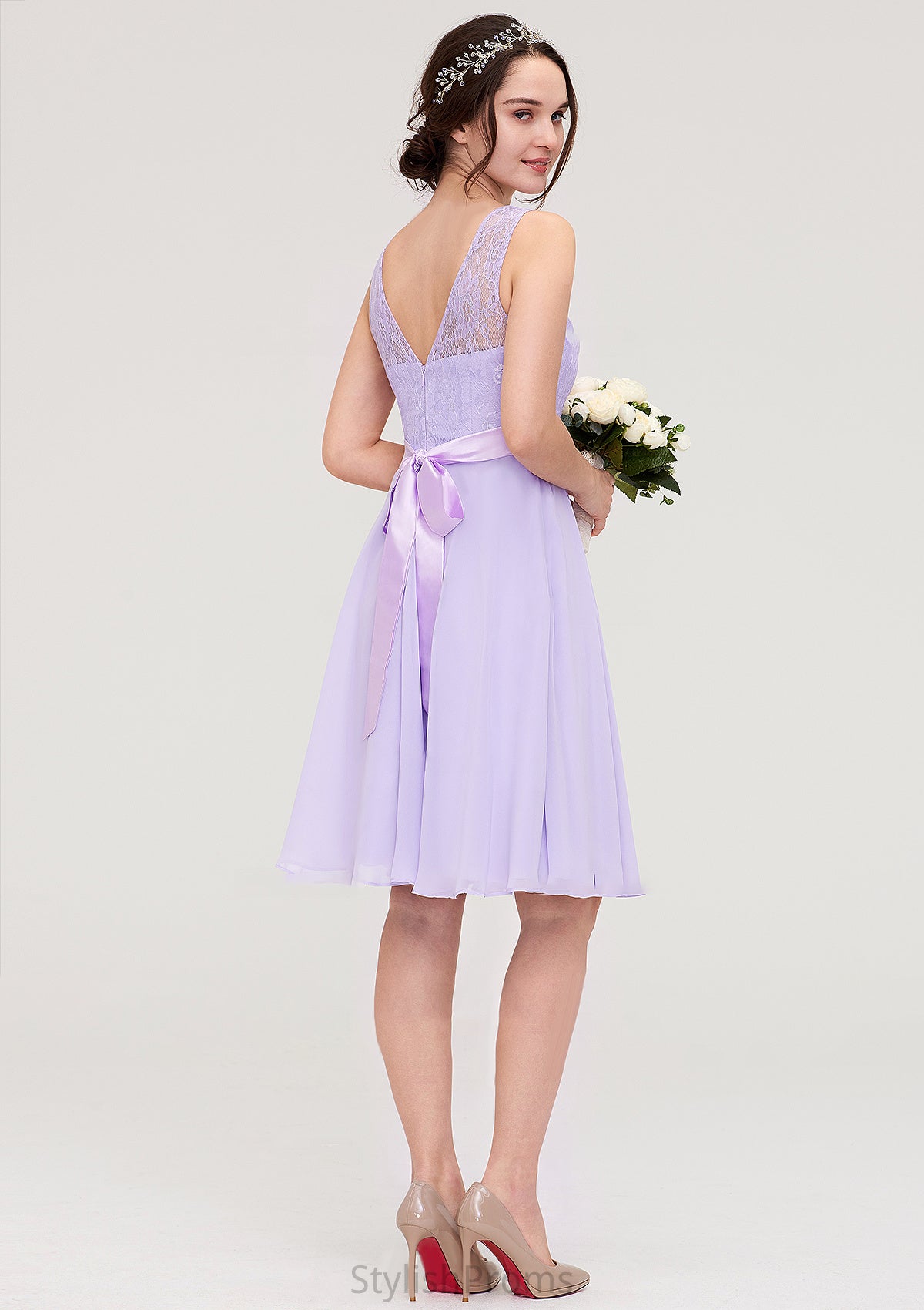 Sleeveless Knee-Length Chiffon A-line/Princess Bridesmaid Dresses With Sashes Lace Laci HQP0025481