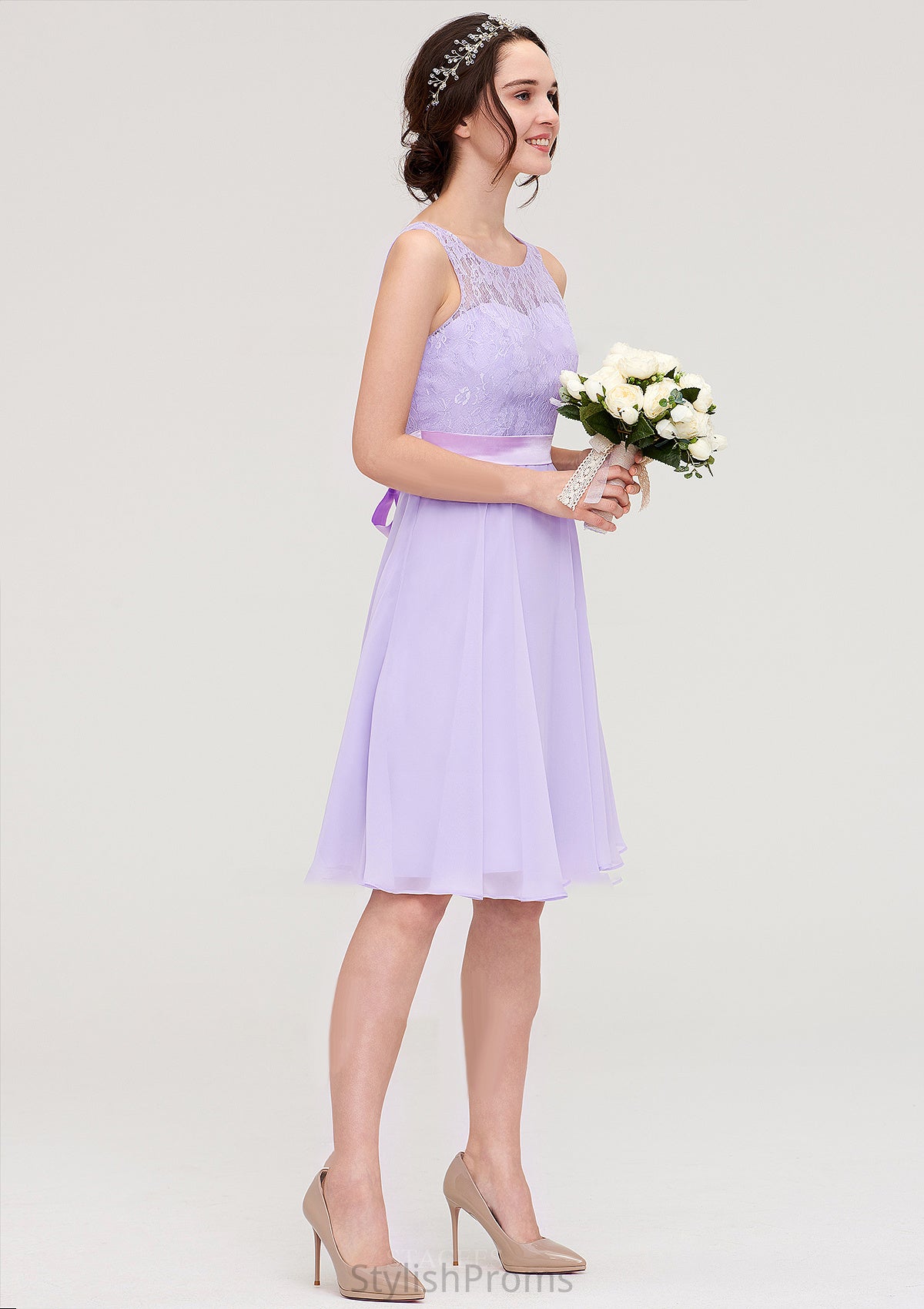 Sleeveless Knee-Length Chiffon A-line/Princess Bridesmaid Dresses With Sashes Lace Laci HQP0025481