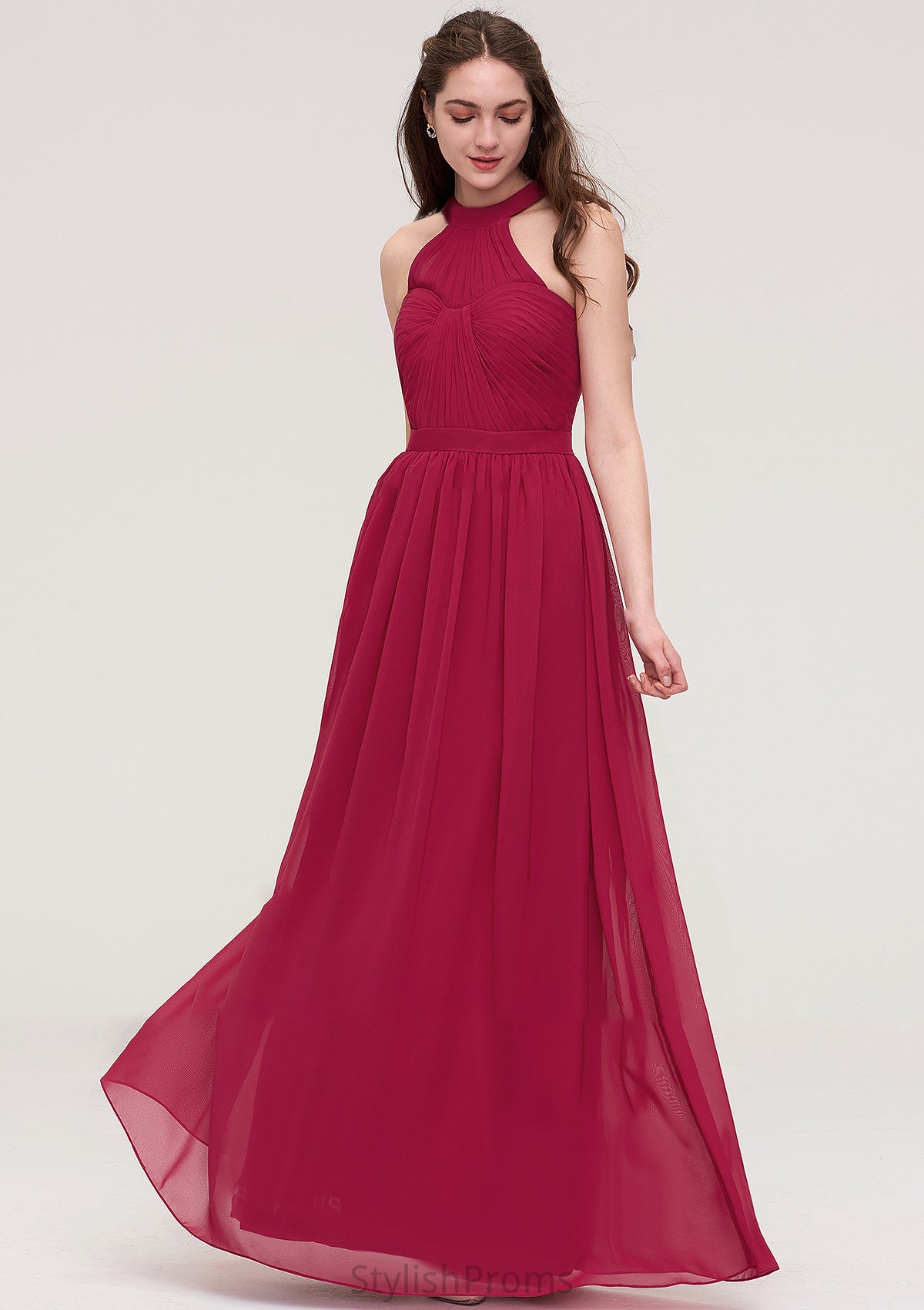 Halter Sleeveless Long/Floor-Length Chiffon A-line/Princess Bridesmaid Dresses With Pleated Danika HQP0025483