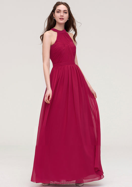 Halter Sleeveless Long/Floor-Length Chiffon A-line/Princess Bridesmaid Dresses With Pleated Danika HQP0025483