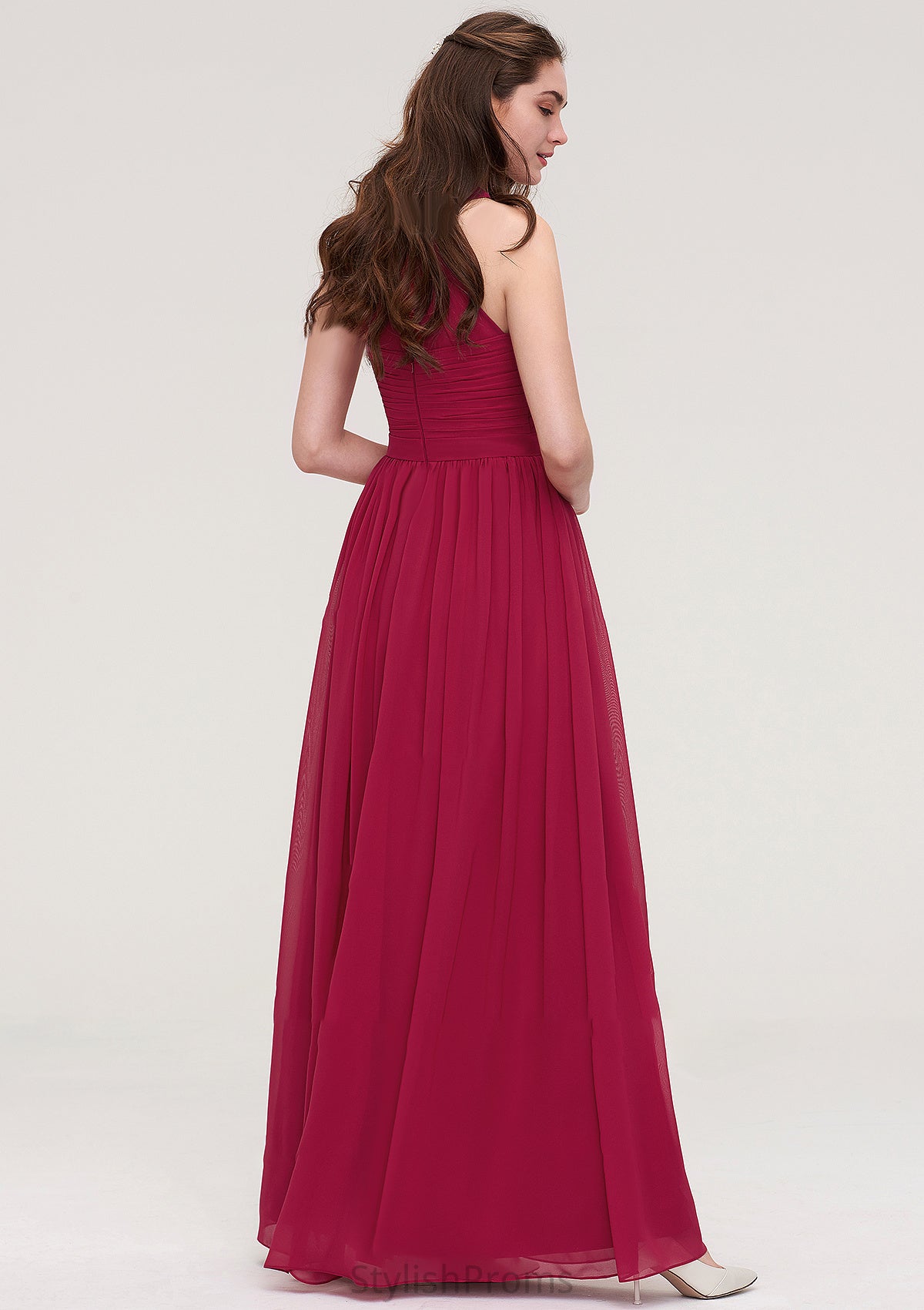 Halter Sleeveless Long/Floor-Length Chiffon A-line/Princess Bridesmaid Dresses With Pleated Danika HQP0025483