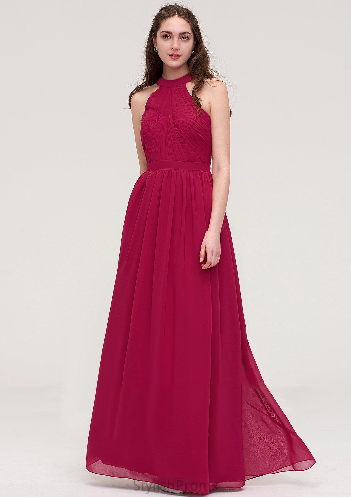 Halter Sleeveless Long/Floor-Length Chiffon A-line/Princess Bridesmaid Dresses With Pleated Danika HQP0025483