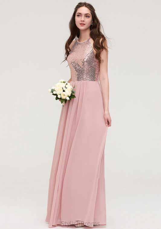 Sleeveless Bateau Long/Floor-Length Chiffon A-line/Princess Bridesmaid Dresses With Sequins Audrey HQP0025484