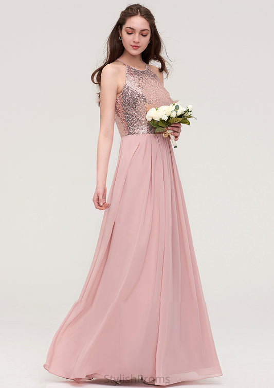 Sleeveless Bateau Long/Floor-Length Chiffon A-line/Princess Bridesmaid Dresses With Sequins Audrey HQP0025484