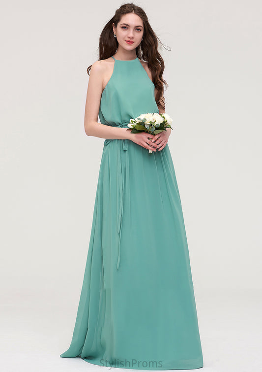 High-Neck Sleeveless Long/Floor-Length Chiffon A-line/Princess Bridesmaid Dresses With Sashes Anabella HQP0025485