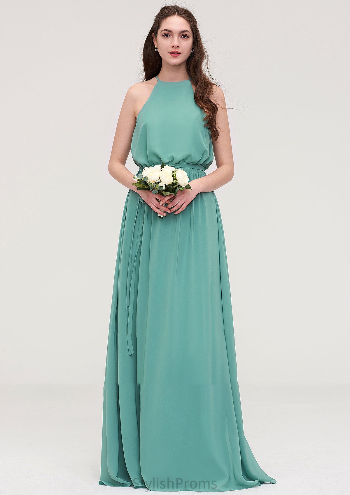 High-Neck Sleeveless Long/Floor-Length Chiffon A-line/Princess Bridesmaid Dresses With Sashes Anabella HQP0025485