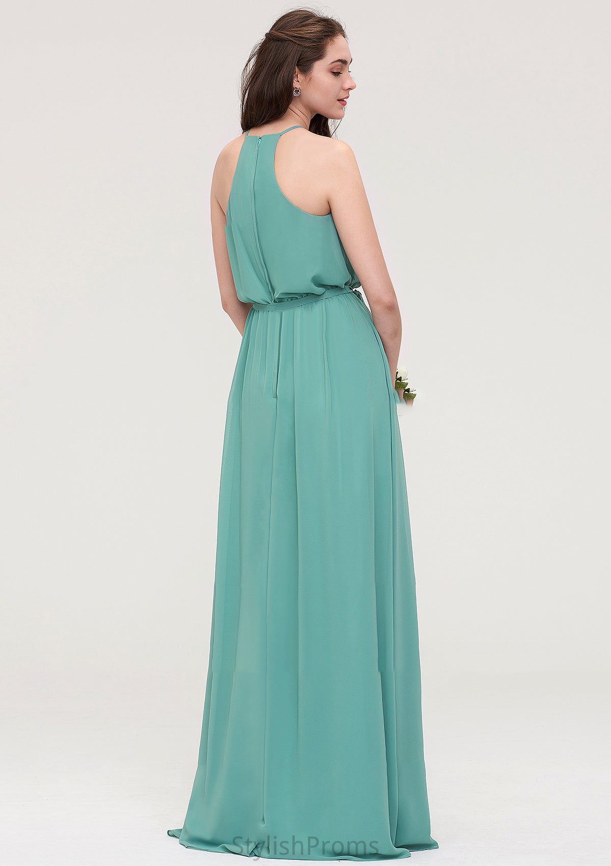 High-Neck Sleeveless Long/Floor-Length Chiffon A-line/Princess Bridesmaid Dresses With Sashes Anabella HQP0025485