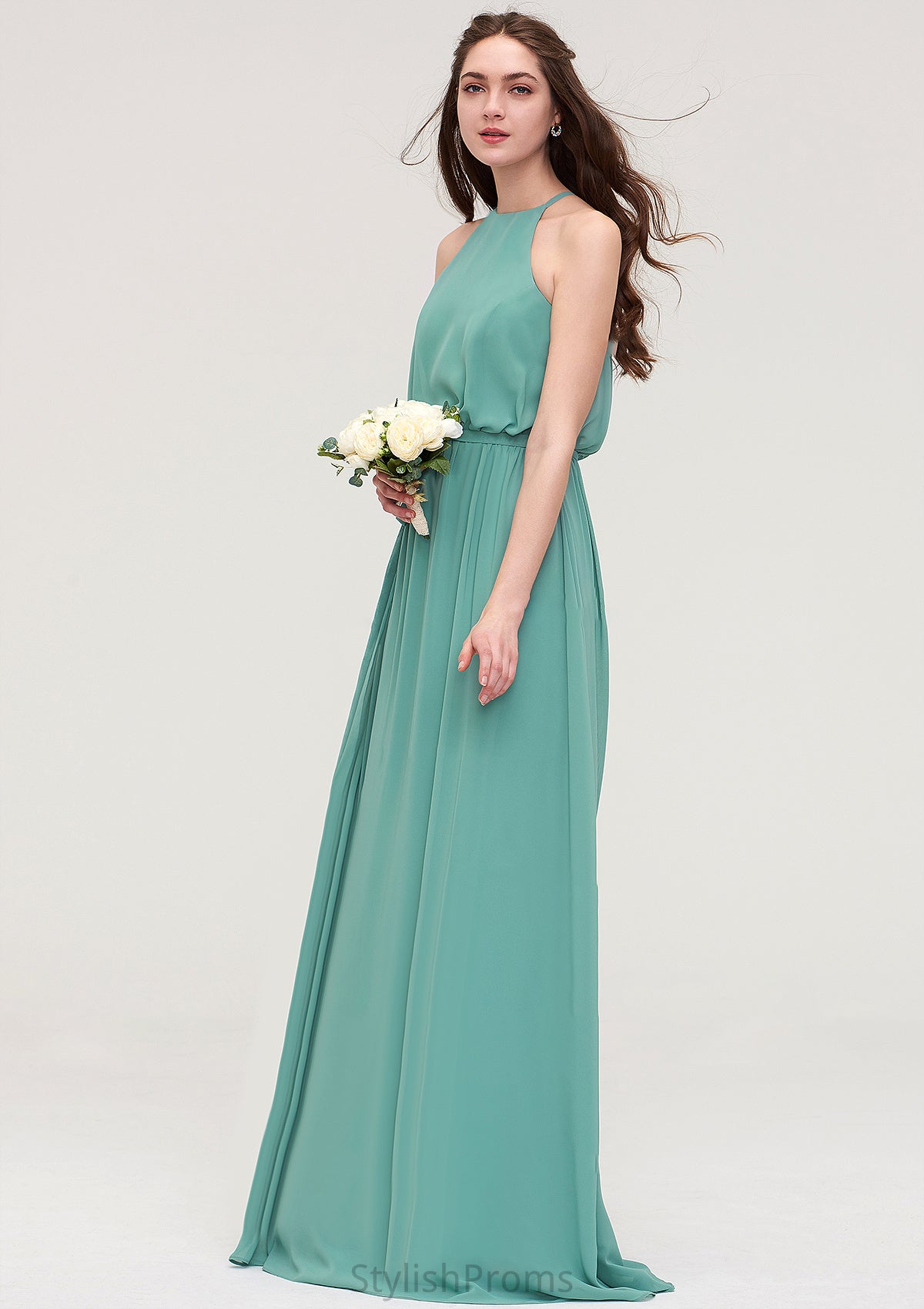 High-Neck Sleeveless Long/Floor-Length Chiffon A-line/Princess Bridesmaid Dresses With Sashes Anabella HQP0025485