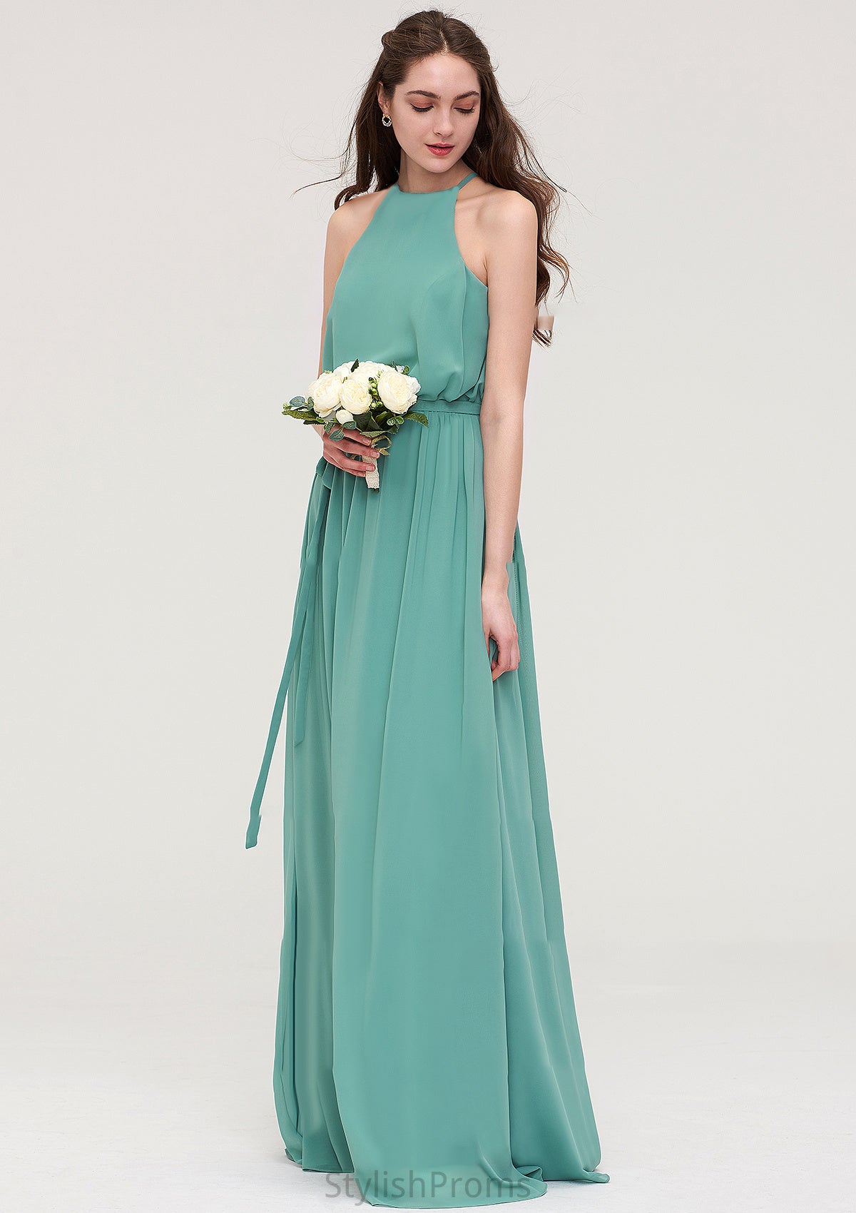 High-Neck Sleeveless Long/Floor-Length Chiffon A-line/Princess Bridesmaid Dresses With Sashes Anabella HQP0025485