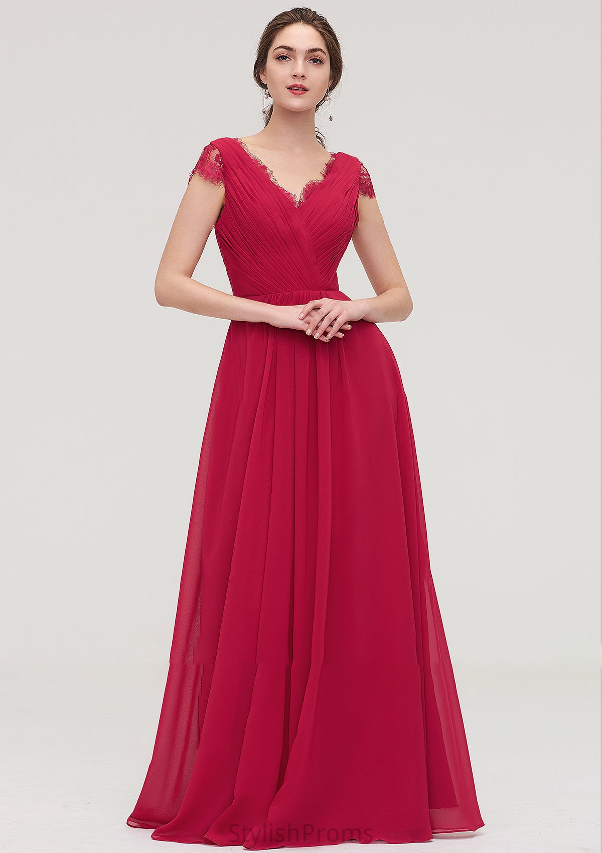 Sleeveless V Neck Long/Floor-Length Chiffon A-line/Princess Bridesmaid Dresses With Lace Pleated Kaylynn HQP0025486