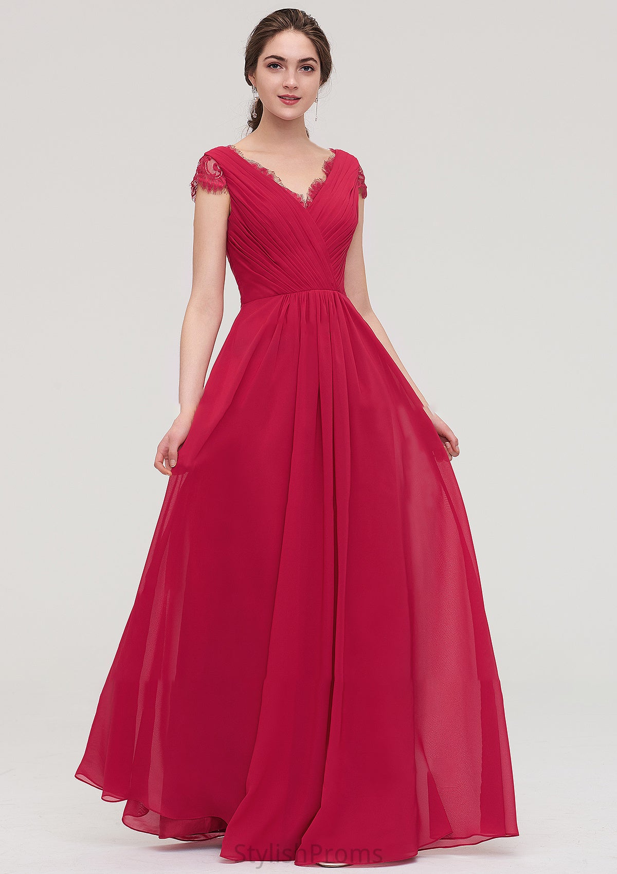 Sleeveless V Neck Long/Floor-Length Chiffon A-line/Princess Bridesmaid Dresses With Lace Pleated Kaylynn HQP0025486