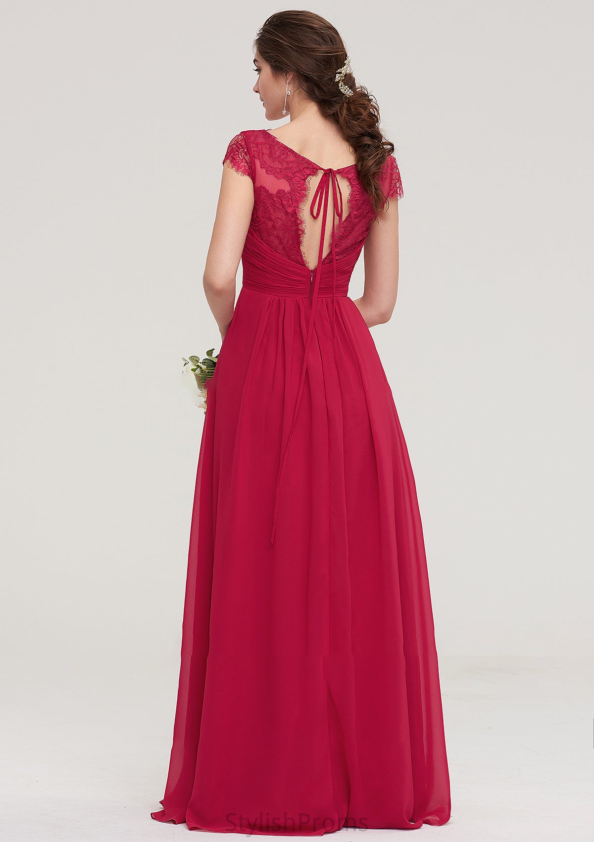 Sleeveless V Neck Long/Floor-Length Chiffon A-line/Princess Bridesmaid Dresses With Lace Pleated Kaylynn HQP0025486