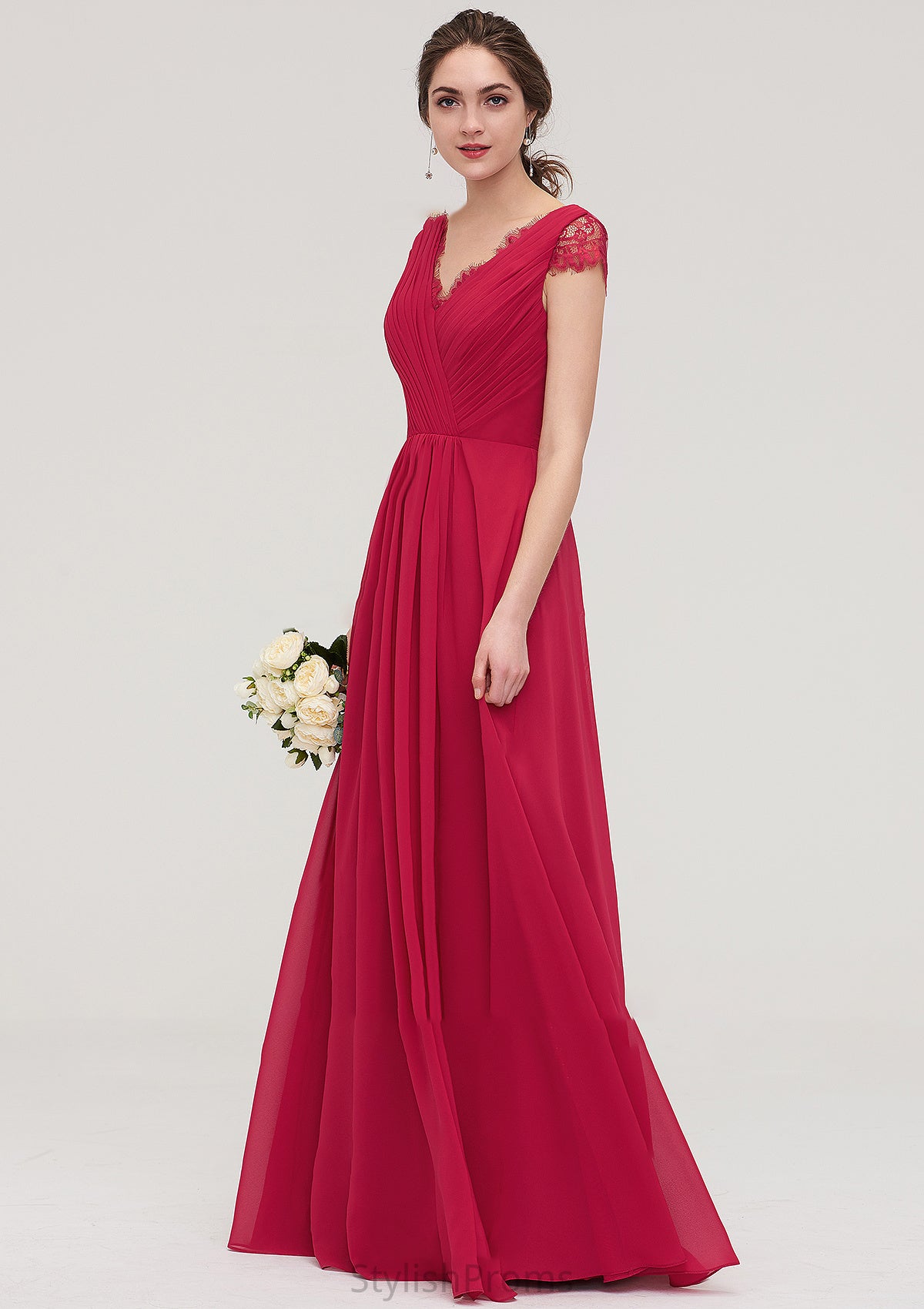 Sleeveless V Neck Long/Floor-Length Chiffon A-line/Princess Bridesmaid Dresses With Lace Pleated Kaylynn HQP0025486