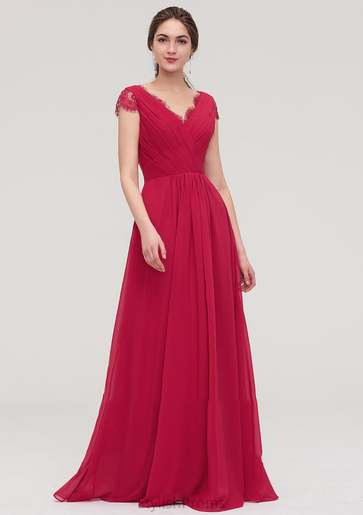 Sleeveless V Neck Long/Floor-Length Chiffon A-line/Princess Bridesmaid Dresses With Lace Pleated Kaylynn HQP0025486