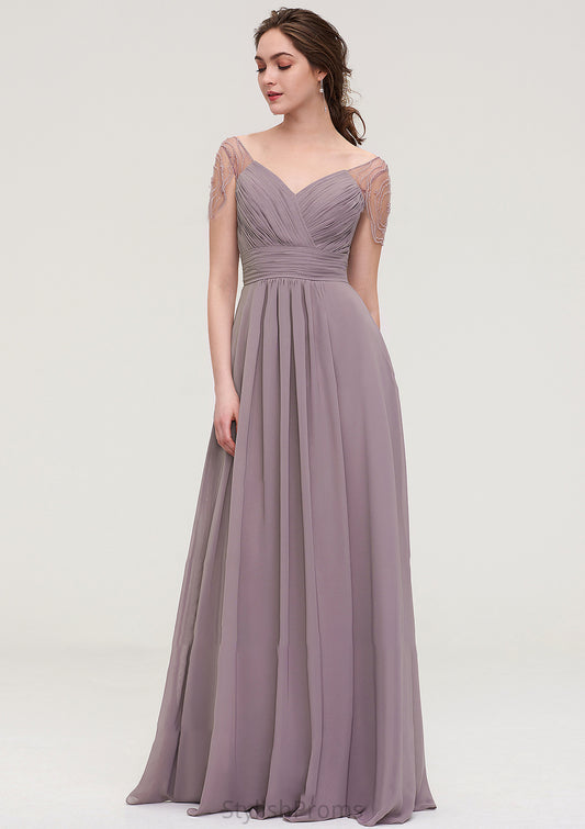 Short Sleeve Sweetheart Long/Floor-Length Chiffon A-line/Princess Bridesmaid Dresses With Pleated Beading Jocelynn HQP0025487