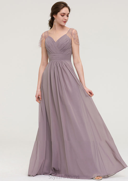 Short Sleeve Sweetheart Long/Floor-Length Chiffon A-line/Princess Bridesmaid Dresses With Pleated Beading Jocelynn HQP0025487