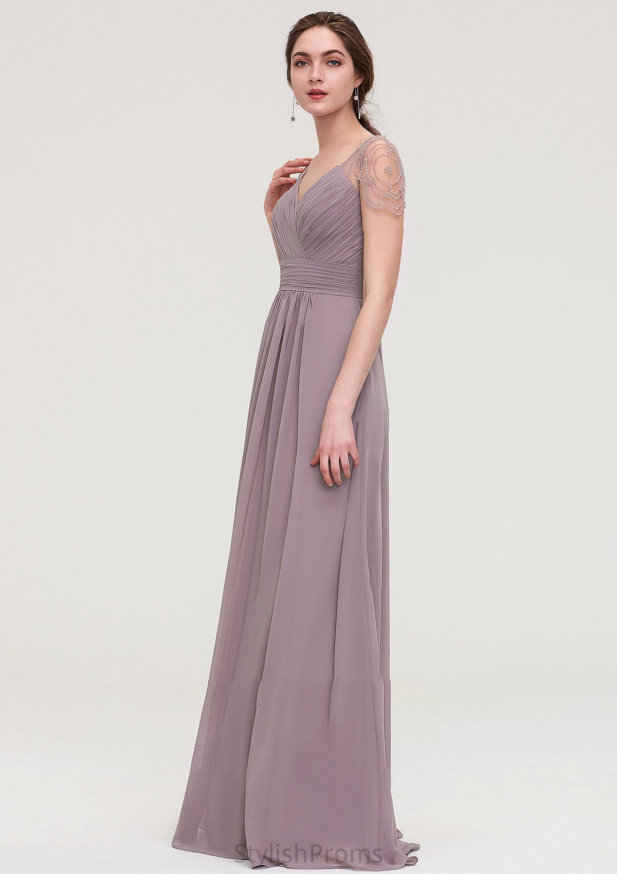 Short Sleeve Sweetheart Long/Floor-Length Chiffon A-line/Princess Bridesmaid Dresses With Pleated Beading Jocelynn HQP0025487