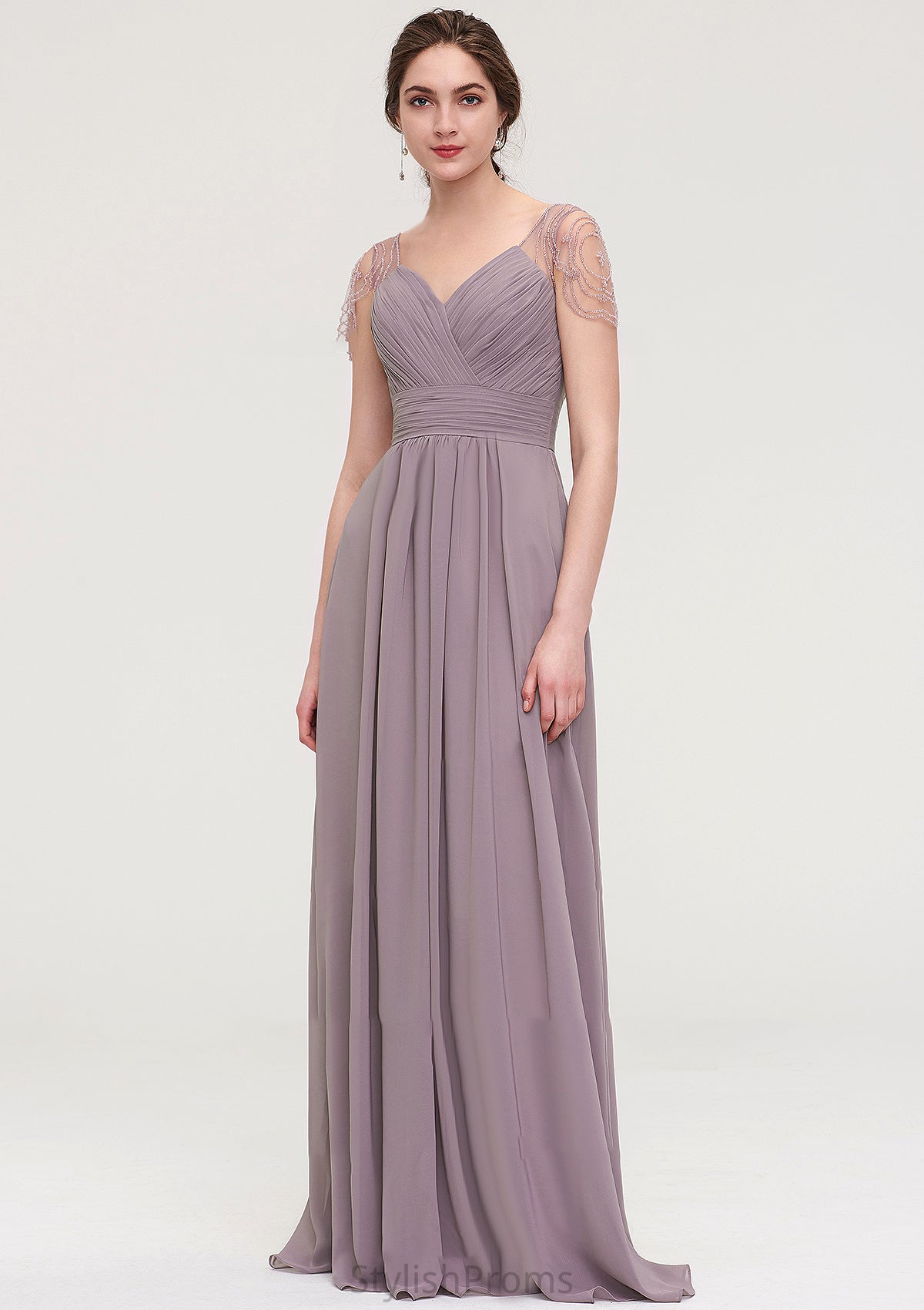 Short Sleeve Sweetheart Long/Floor-Length Chiffon A-line/Princess Bridesmaid Dresses With Pleated Beading Jocelynn HQP0025487