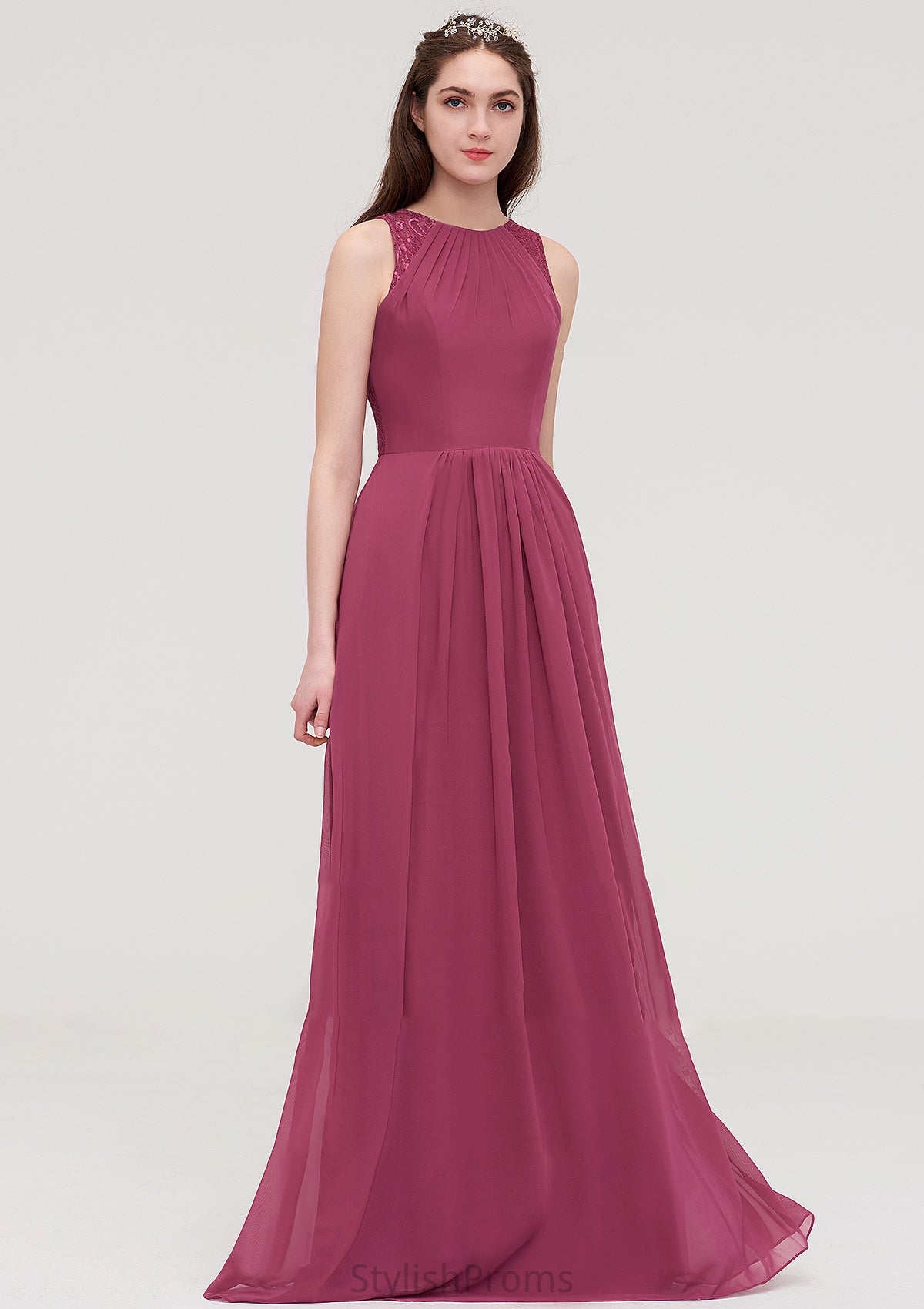 Bateau Sleeveless Long/Floor-Length Chiffon A-line/Princess Bridesmaid Dresses With Lace Pleated Sue HQP0025488