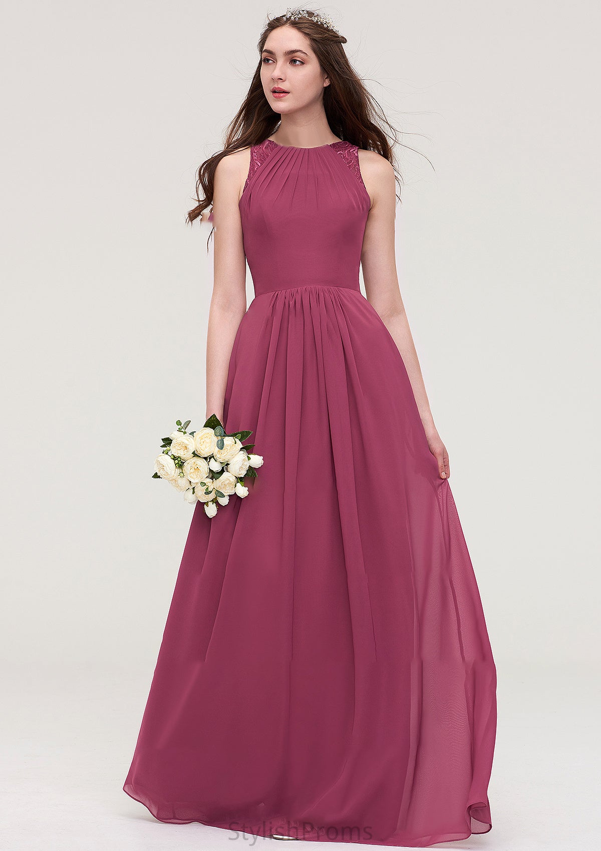 Bateau Sleeveless Long/Floor-Length Chiffon A-line/Princess Bridesmaid Dresses With Lace Pleated Sue HQP0025488