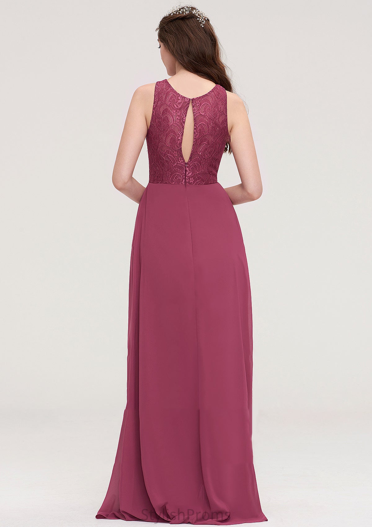 Bateau Sleeveless Long/Floor-Length Chiffon A-line/Princess Bridesmaid Dresses With Lace Pleated Sue HQP0025488