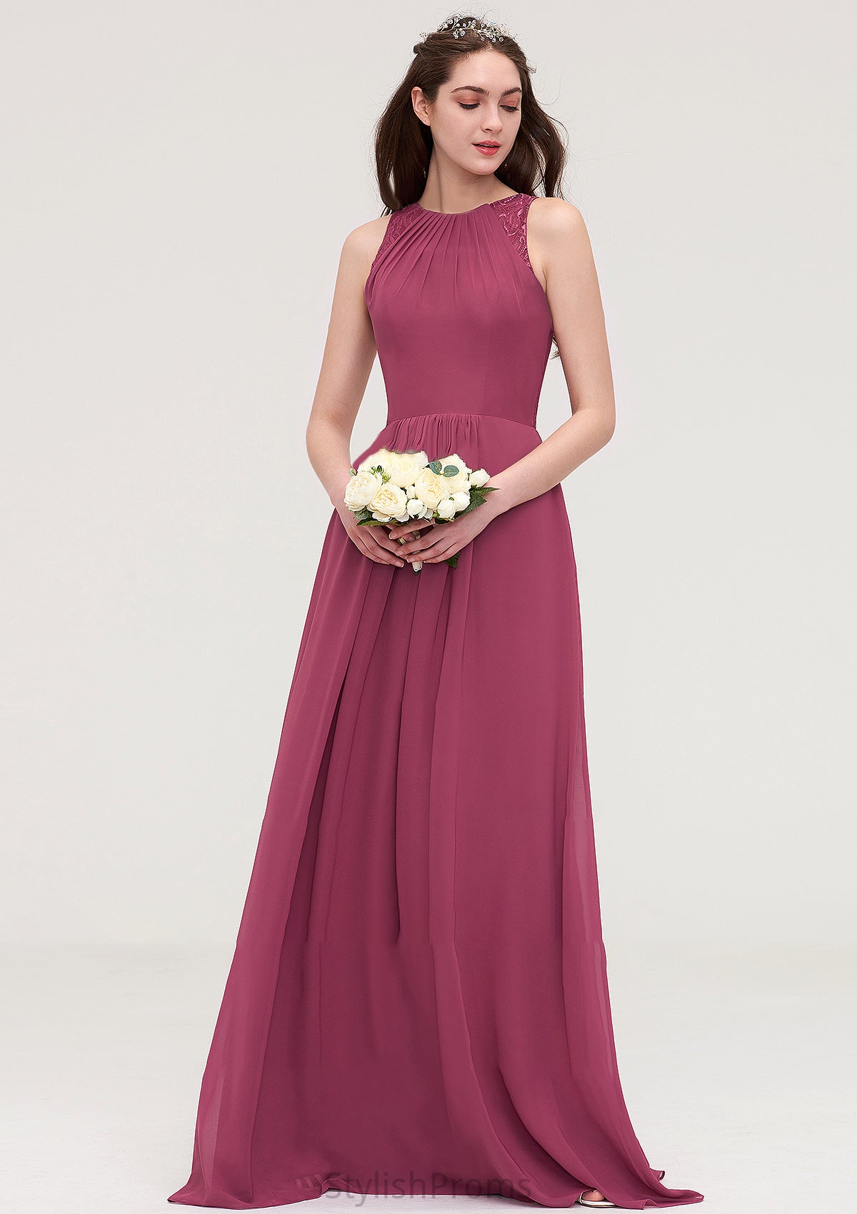 Bateau Sleeveless Long/Floor-Length Chiffon A-line/Princess Bridesmaid Dresses With Lace Pleated Sue HQP0025488