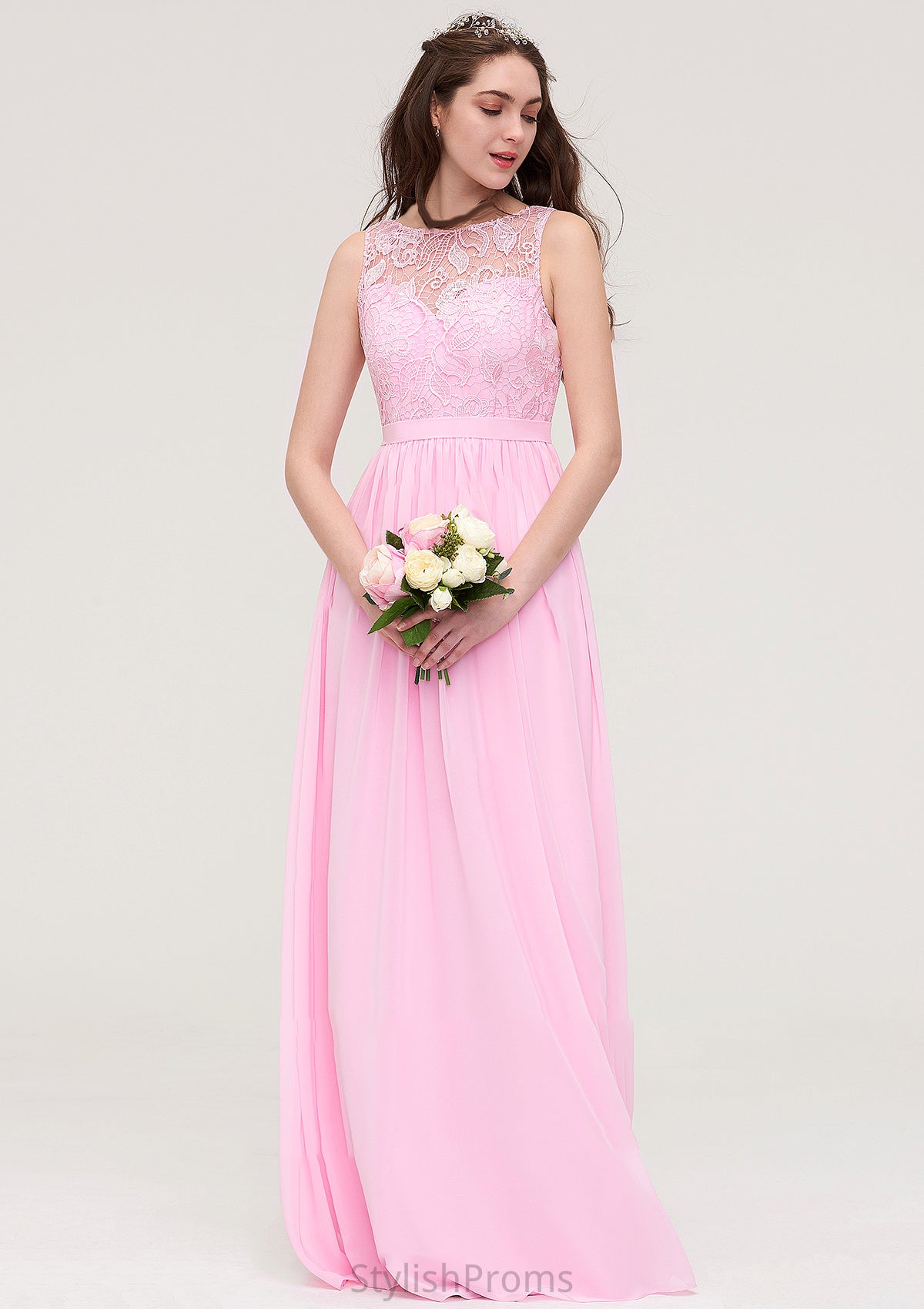 Bateau Sleeveless Long/Floor-Length Chiffon A-line/Princess Bridesmaid Dresses With Lace Aniya HQP0025489